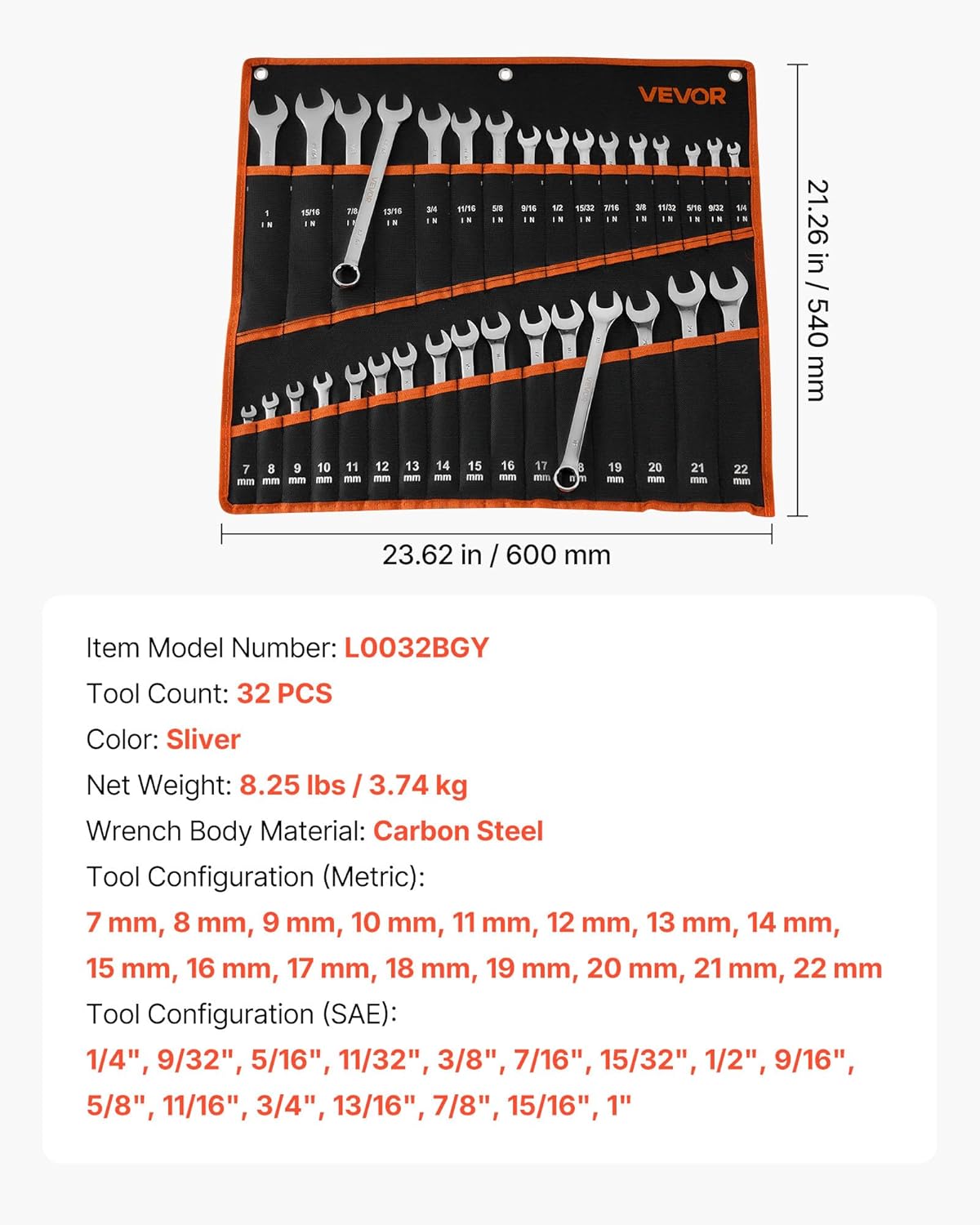 VEVOR Combination Wrench Set, 32-Piece SAE and Metric, 12-Point Box End and 15° Angled Open End Combination Wrenches with Roll Up Pouch, Carbon Steel, for General Household and Automotive Repairs