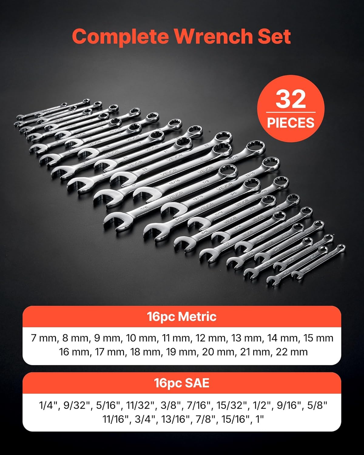 Alternative view of VEVOR Combination Wrench Set, 32-Piece SAE and Metric, 12-Point Box End and 15° Angled Open End Combination Wrenches with Roll Up Pouch, Carbon Steel, for General Household and Automotive Repairs