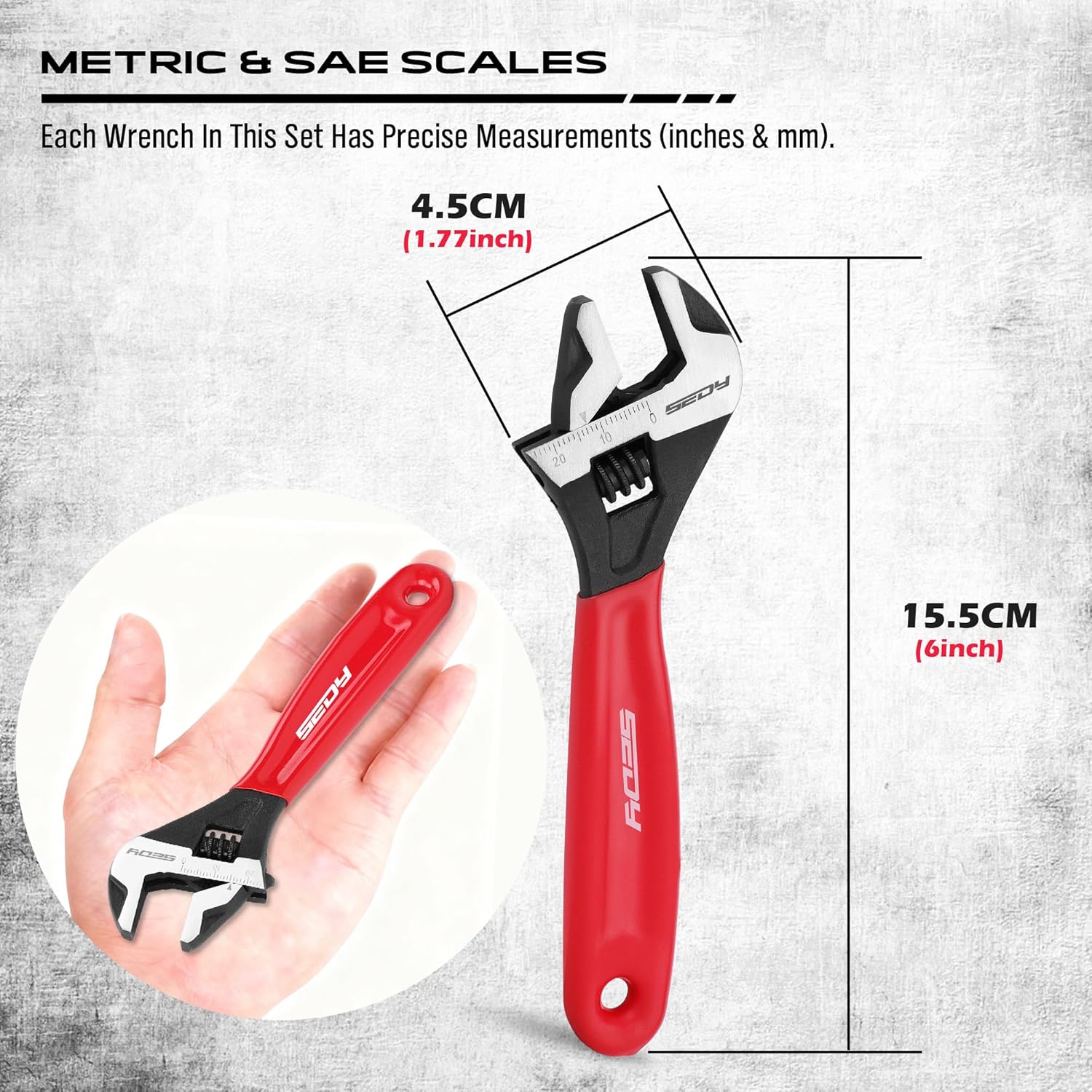 SEDY 6" Adjustable Wrench Pipe Spanner: Wide Jaw Black Oxide Wrench With Cushion Grip, Laser Marked Metric & SAE Scales, CR-V Steel, for Professionals