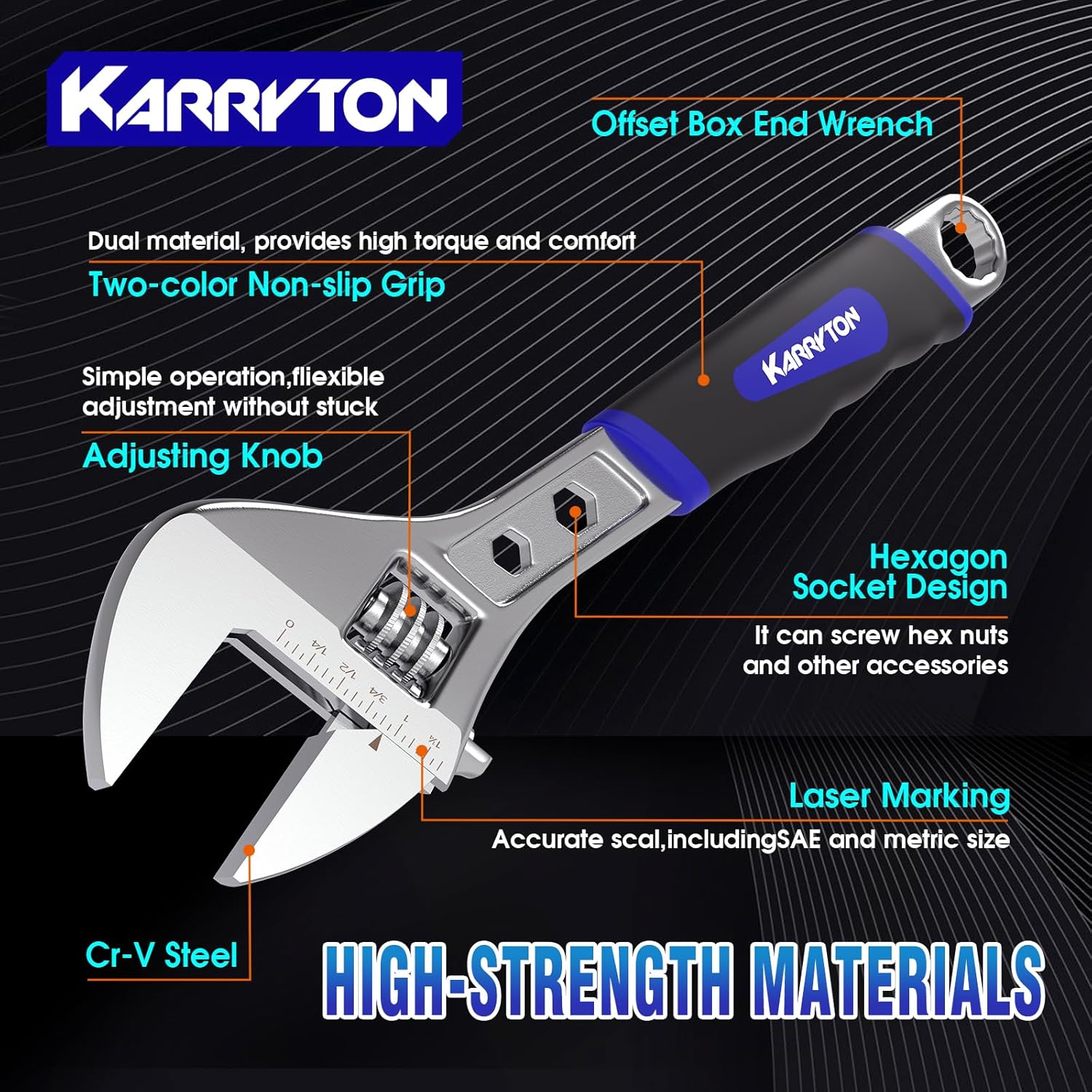 Alternative view of Adjustable Wrench Set (6" 8" 10" 12"), 3-in-1 Spanner Wrench w/Box End/Hex Function, Scales Metric and SAE, Drop Forged CR-V Steel, Chrome Plated, Ergonomic Soft Grip, Hanging/Rolling Bag