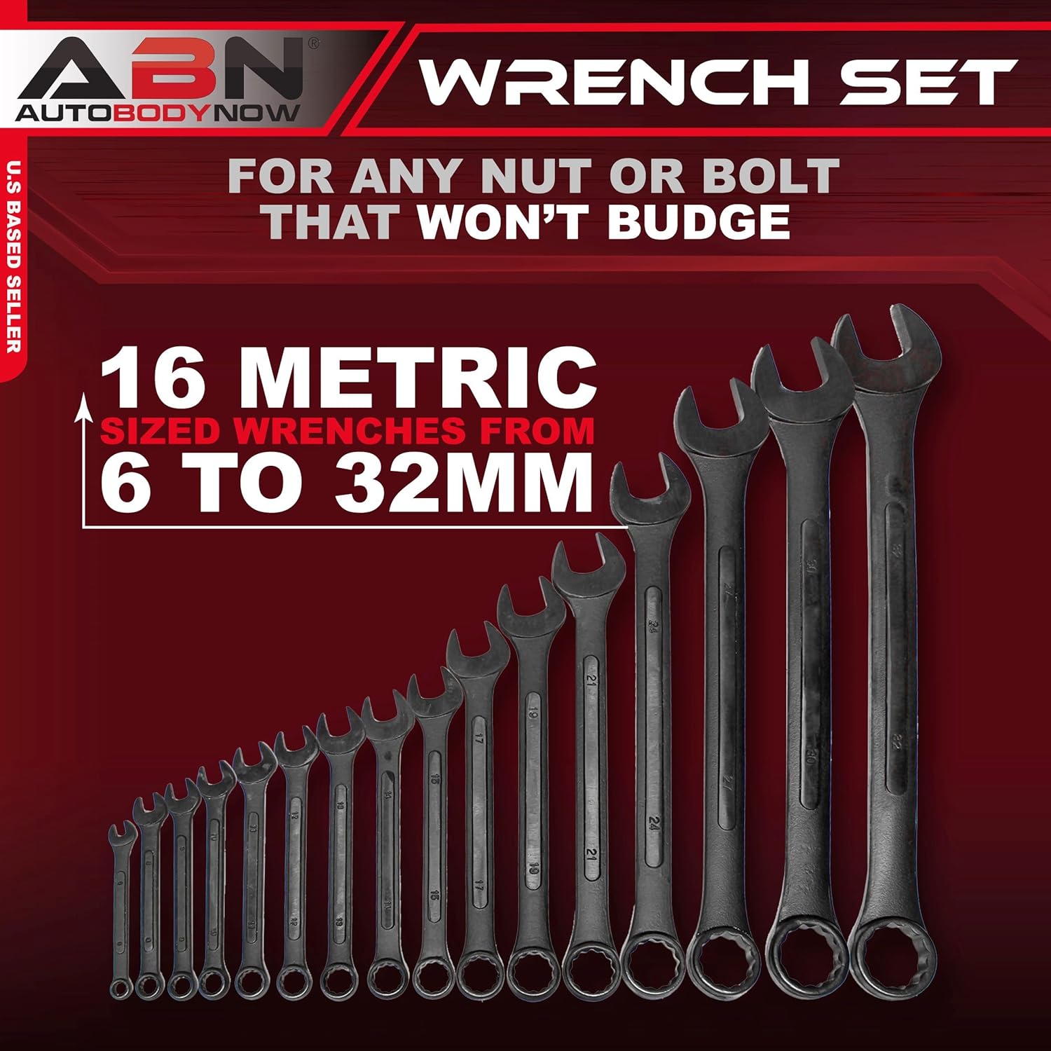 Alternative view of ABN Combination Wrench Set u2013 16 Pc Raised Panel Metric Wrench Set with Wrench Roll Up Pouch, Black Spanner Wrench Set