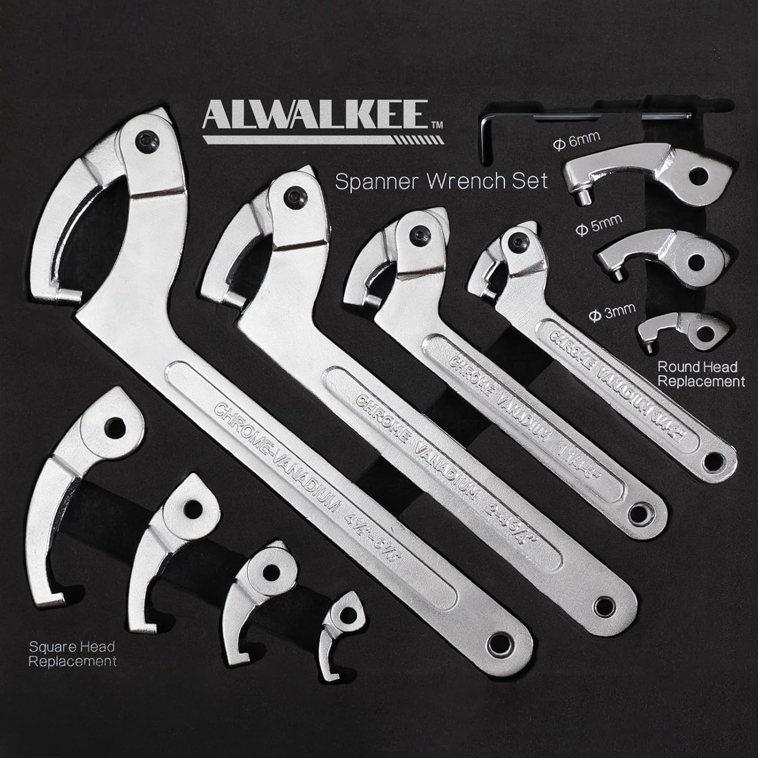 Alternative view of Pin Spanner Wrench Set, Adjustable Spanner Wrench with Changeable Heads, 12pcs C Spanner Nut Wrench Tools for Coilover, Suspension System, Bearings, 3/4" to 6-7/10"