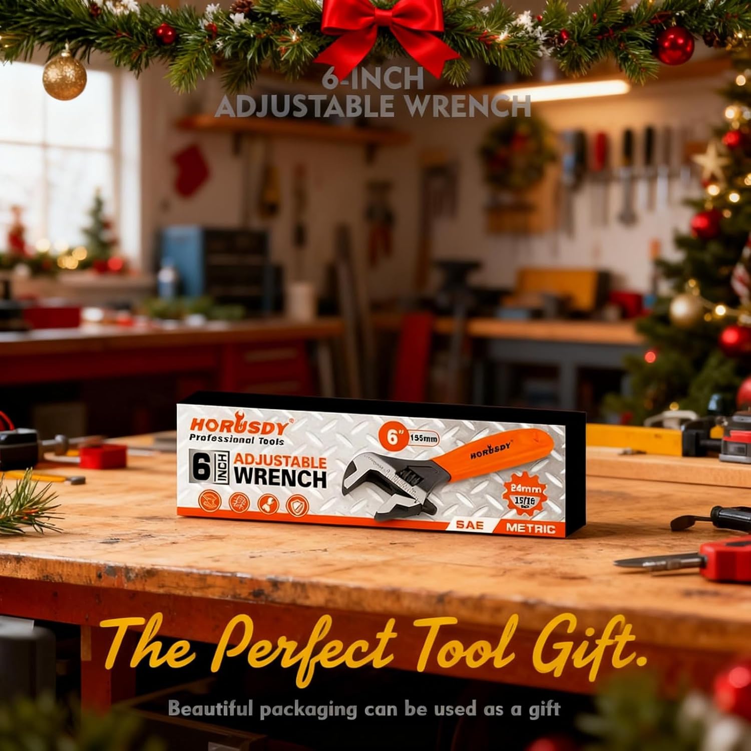 Alternative view of HORUSDY 6" Adjustable Wrench Pipe Spanner: Wide Jaw Black Oxide Wrench With Cushion Grip, Laser Marked Metric & SAE Scales, CR-V Steel, for Professionals