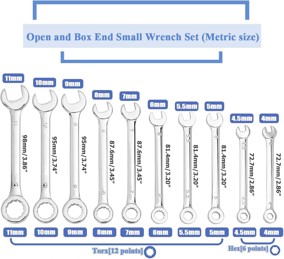 Wolfride 10pcs Mini Metric Wrench Set, Open and Box End Ignition Wrench Set Small Combination Wrench Sets Dual-purpose Spanner Tool 4mm-11mm