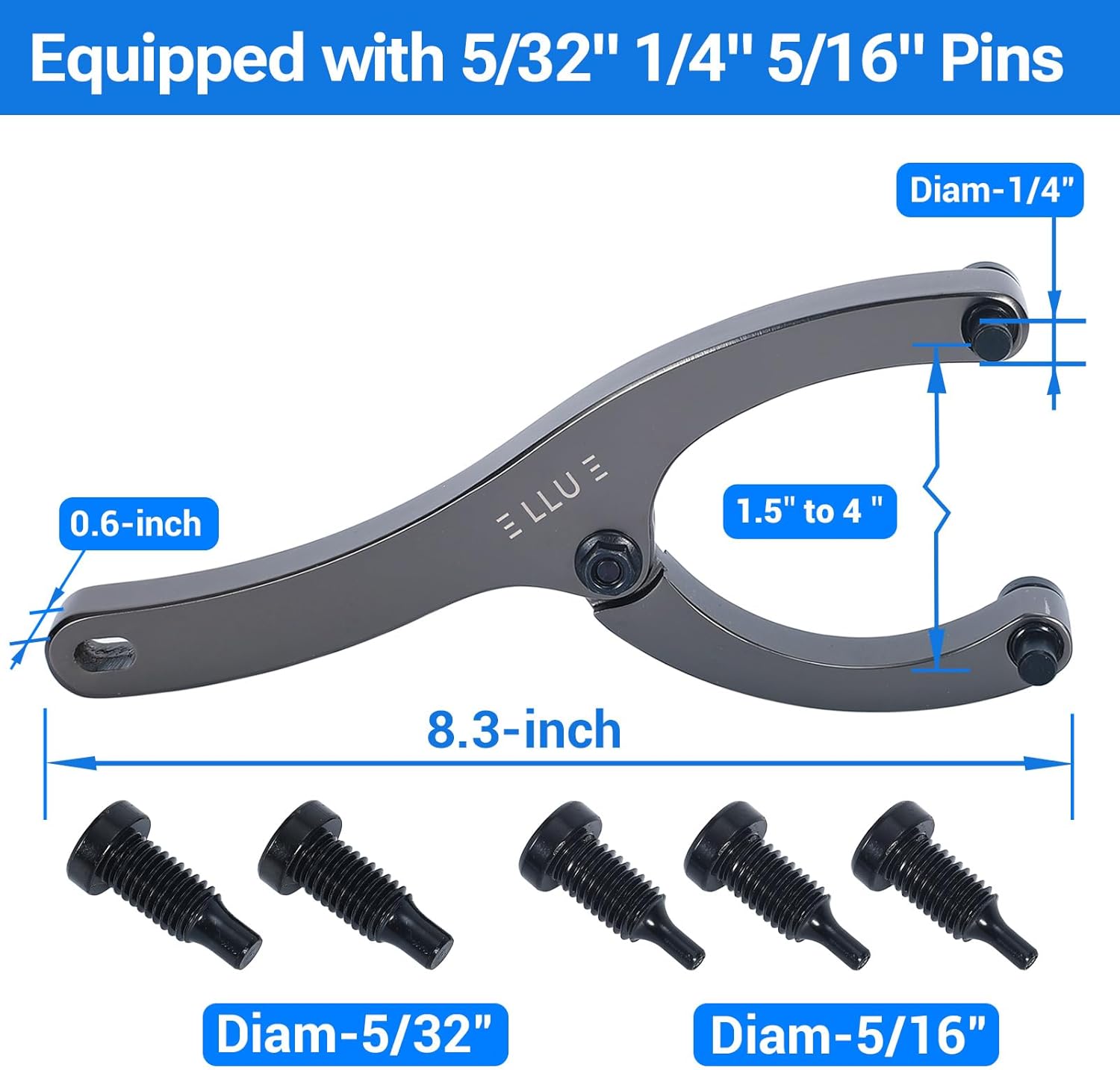 LLU 8.3-inches Heavy Spanner Wrench with Handle, Adjustable Gland Nut Wrench for Removing Hydraulic Cylinder Glands Under 5 Inches, Includes 5/32", 1/4", 5/16" Pins, Gloves, and Towel