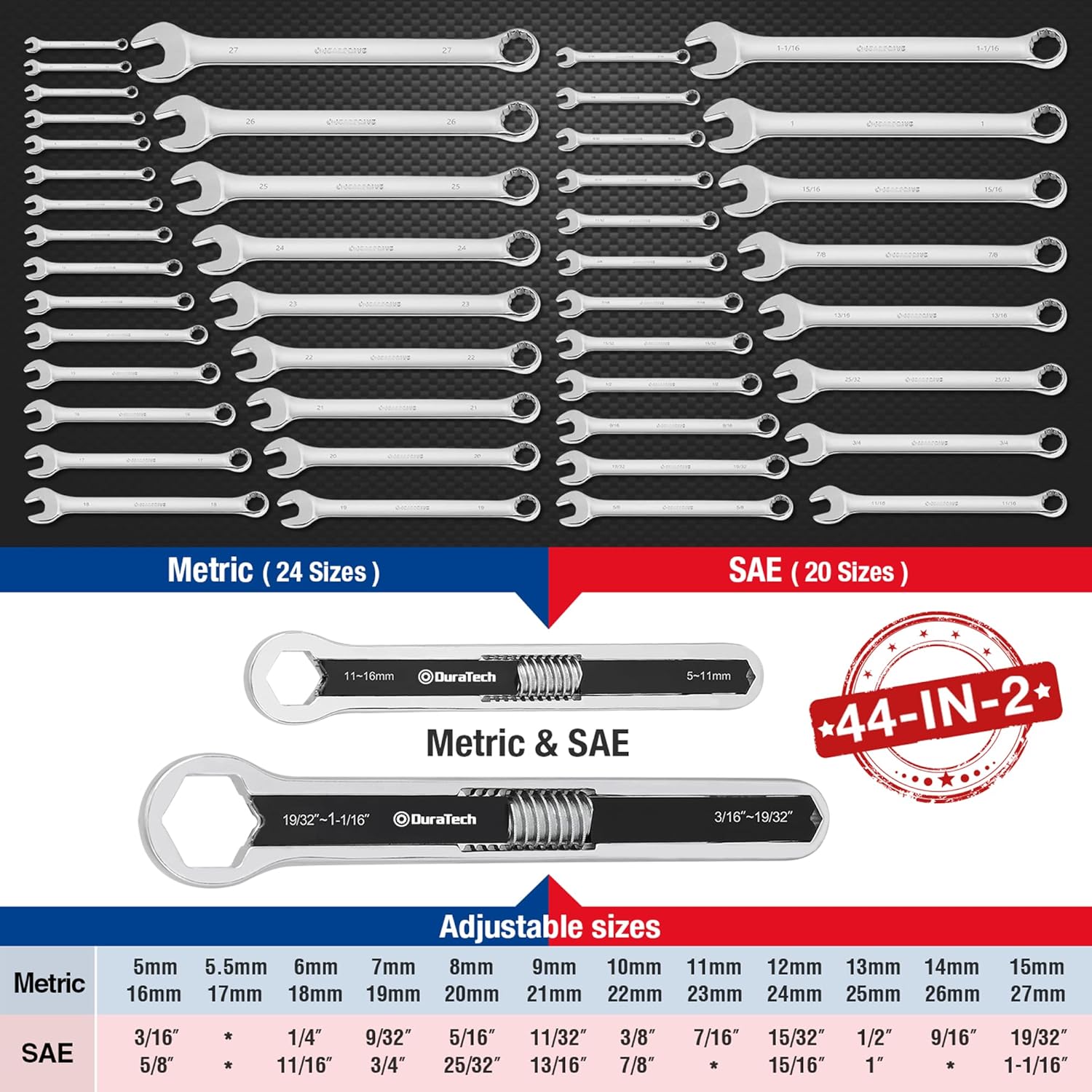 DURATECH Universal Wrench Set, Adjustable Wrench Set, SAE & Metric, 8-inch&10-inch, 44 sizes in 2 Piece, Drop Forged, ANSI standard