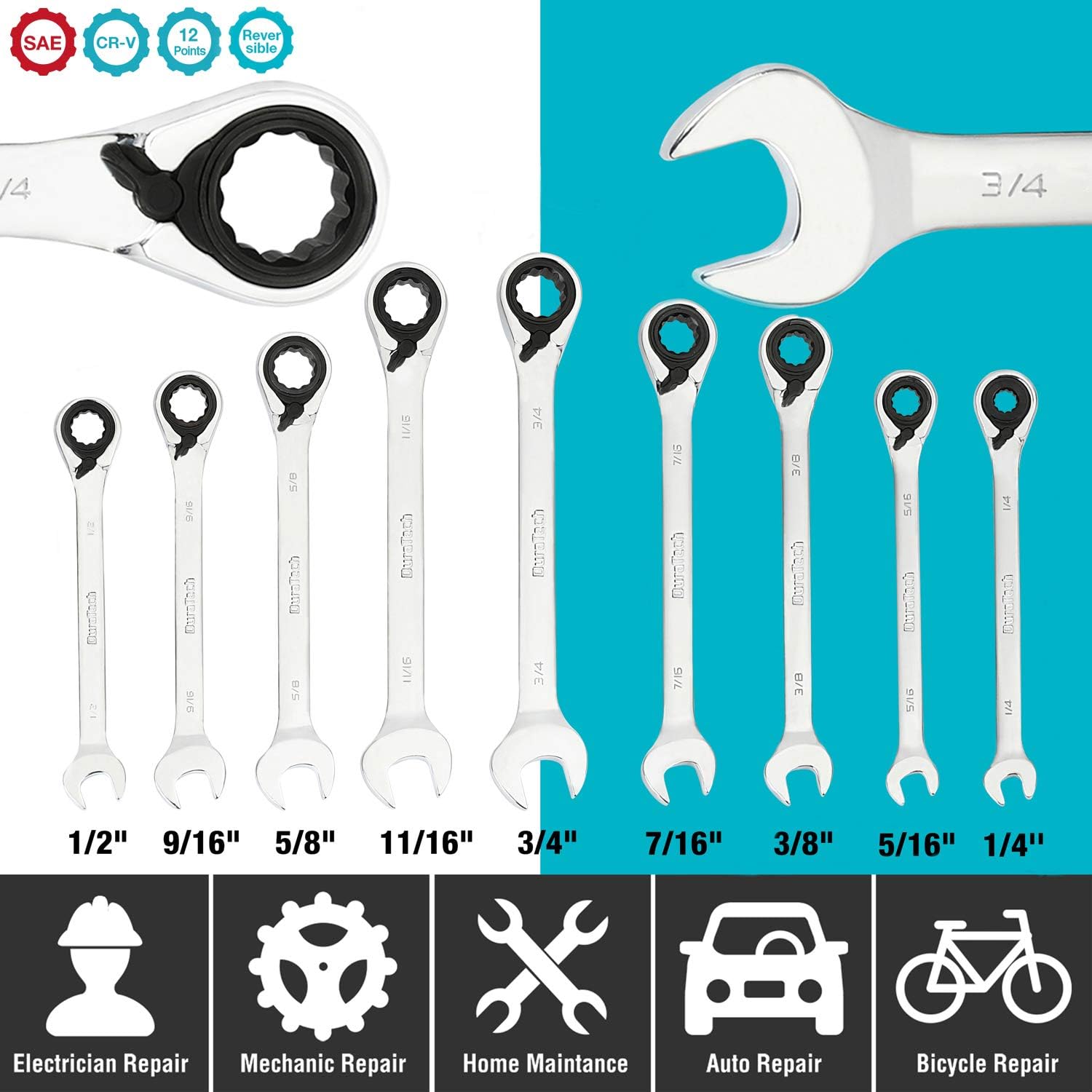 Alternative view of DURATECH Reversible Ratcheting Combination Wrench Set, SAE, 9-Piece, Open end Spanner with Rolling Pouch, 1/4'' to 3/4", 12 Point, CR-V Steel
