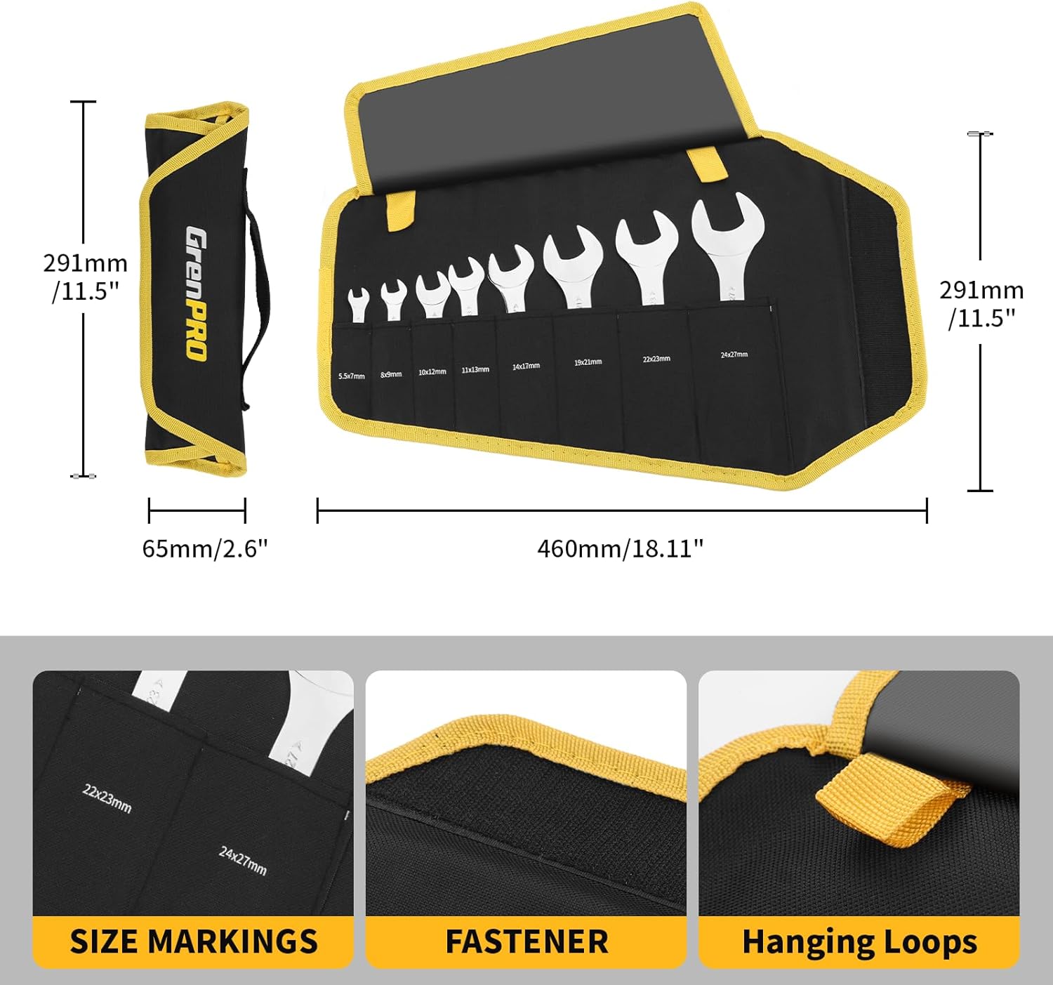 GRENPRO Super-Thin Metric Wrench Set, Open End Wrench Set, 9PCS 5.5, 7, 8, 9, 10, 11, 12, 13, 14, 17, 19, 21, 22,23,24,27mm, Slim Spanner Organizer Rolling Pouch with Gauge, Small Wrenches Tools Sets