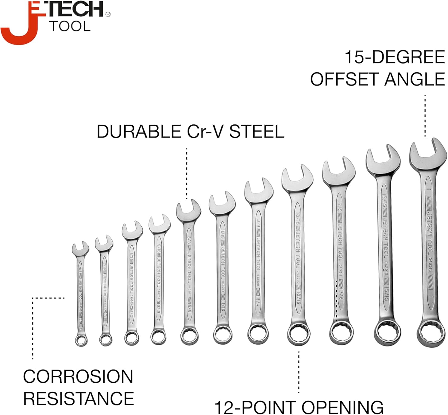 Jetech 11PCS SAE Combination Wrench Set - Industrial Grade Spanners with 12-Point15-Degree Offset Cr-V Steel Forged Heat-Treated, 3/8 Inch - 1 Inch