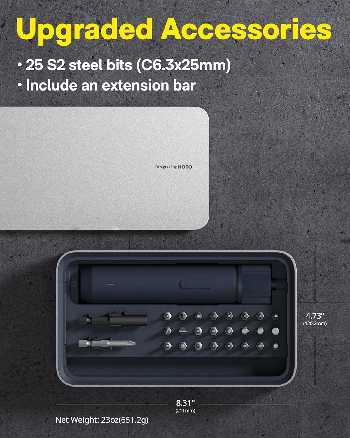 HOTO Electric Screwdriver Kit, Upgraded 1/4'' Hex 25 Bits, Magnetic Lid, Rechargeable Cordless Screwdriver, 3 Torque Settings, 1500mAh Battery, LED Light, Ideal for Assembling Furniture, Home Repair