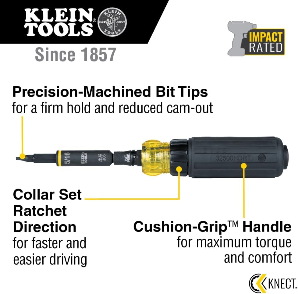 Klein Tools 32500HDRT KNECT Ratcheting Screwdriver, Multi-Bit Screwdriver / Nut Driver, Impact Rated 11-in-1 Tool with Phillips, Slotted, Square and Torx Tips