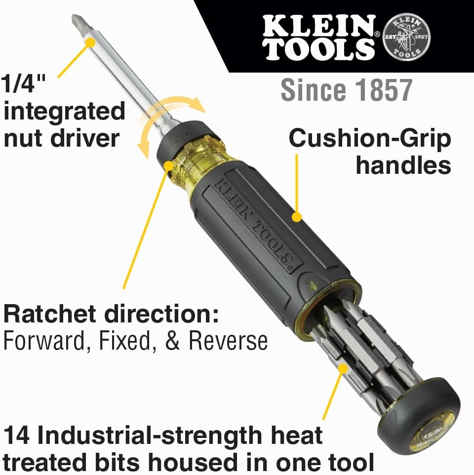 Alternative view of Klein Tools 32305 Multi-bit Ratcheting Screwdriver, 15-in-1 Tool with Phillips, Slotted, Square, Torx and Combo Bits and 1/4-Inch Nut Driver