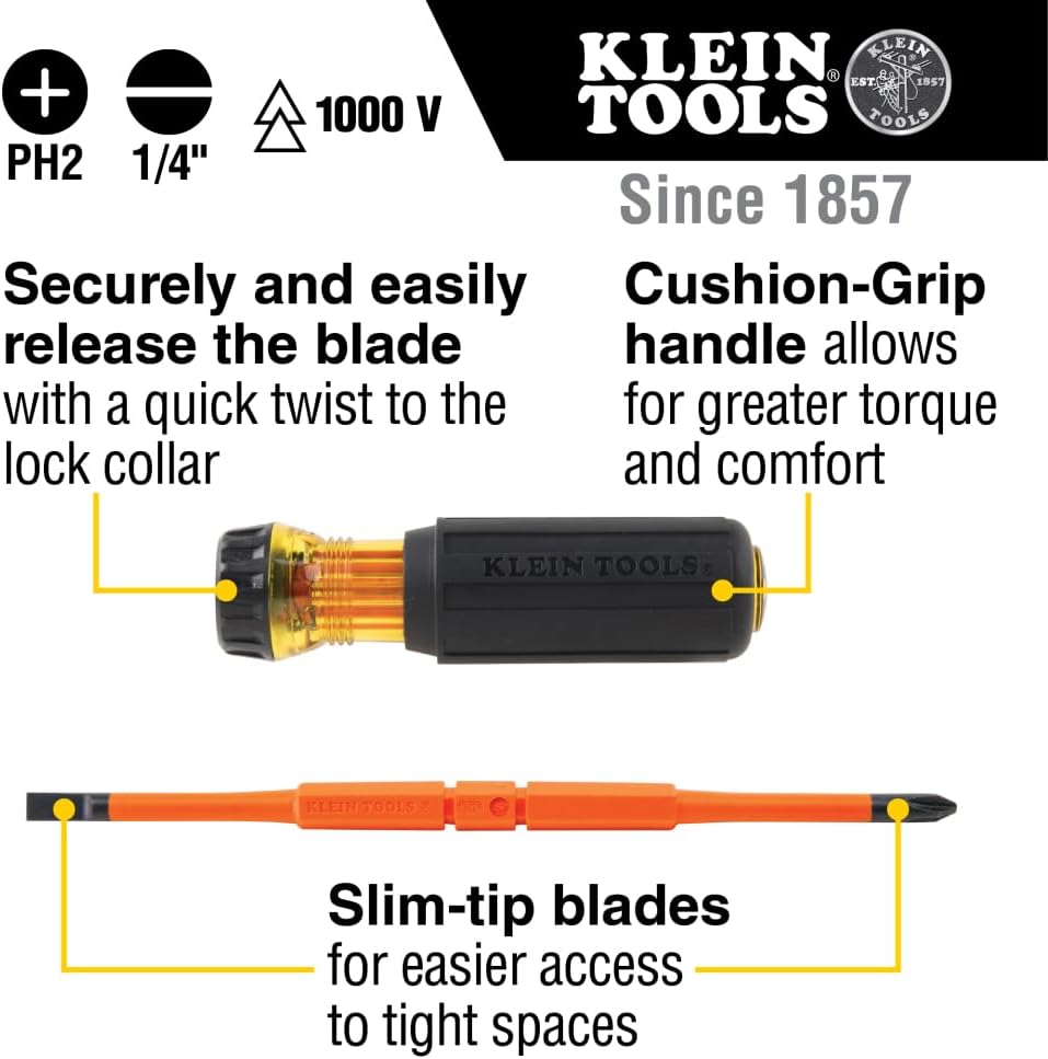 Alternative view of Klein Tools 32293 Insulated Screwdriver, 2-in-1 Screwdriver Set with Flip Blade, #2 Phillips and1/4-Inch Slotted Tips, Double-Ended Blades