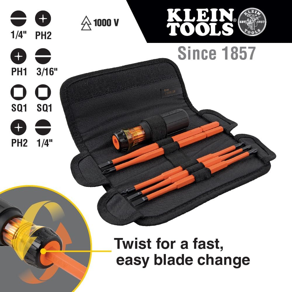 Alternative view of Klein Tools 32288 Insulated Screwdriver, 8-in-1 Screwdriver Set with Interchangeable Blades, 3 Phillips, 3 Slotted and 2 Square Tips