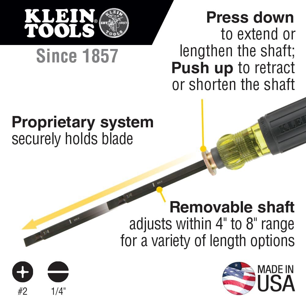 Alternative view of Klein Tools 32751 Screwdriver with Adjustable Length 4 to 8-Inch, Made in USA, #2 Phillips Tip and 1/4-Inch Slotted Tip