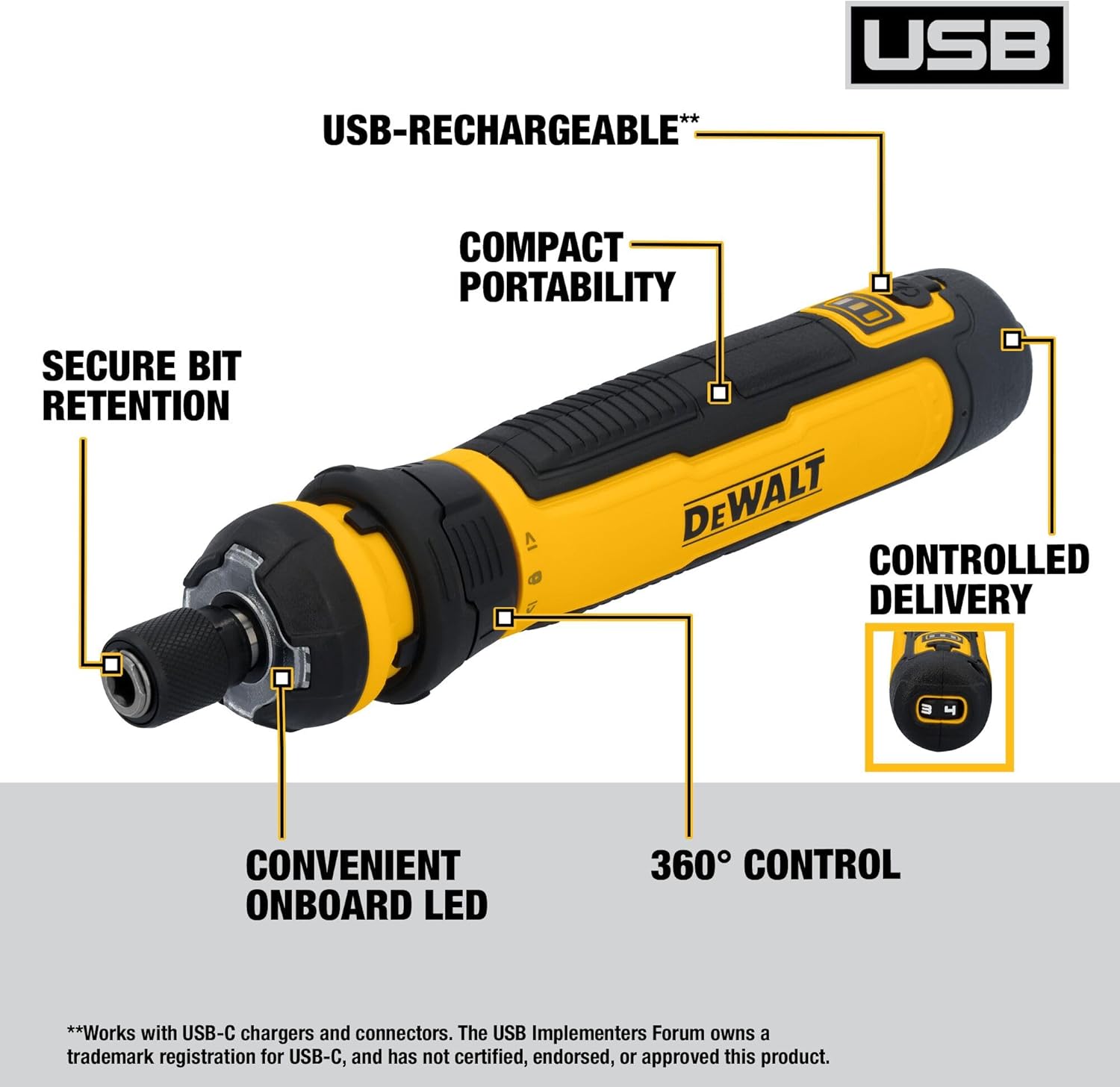 Alternative view of DEWALT Cordless Screwdriver, 4V USB Rechargeable Electric Screwdriver with 12 pcs Screwdriver Bit Set, LED Light, FLEXDRIVE Control, Compact, Ergonomic (DWHT66719)