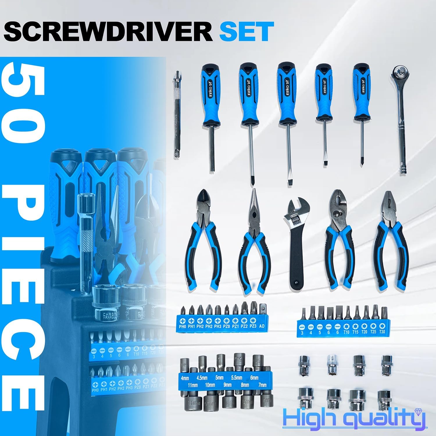 Alternative view of 50-Piece Screwdriver Socket Wrench Set with Plastic Racking, Auto Repair Tool Kit, Professional Screwdriver Set Includes Pliers, Wrenches, Socket sets and Bit Sets, for Home Repair, DIY, Garage