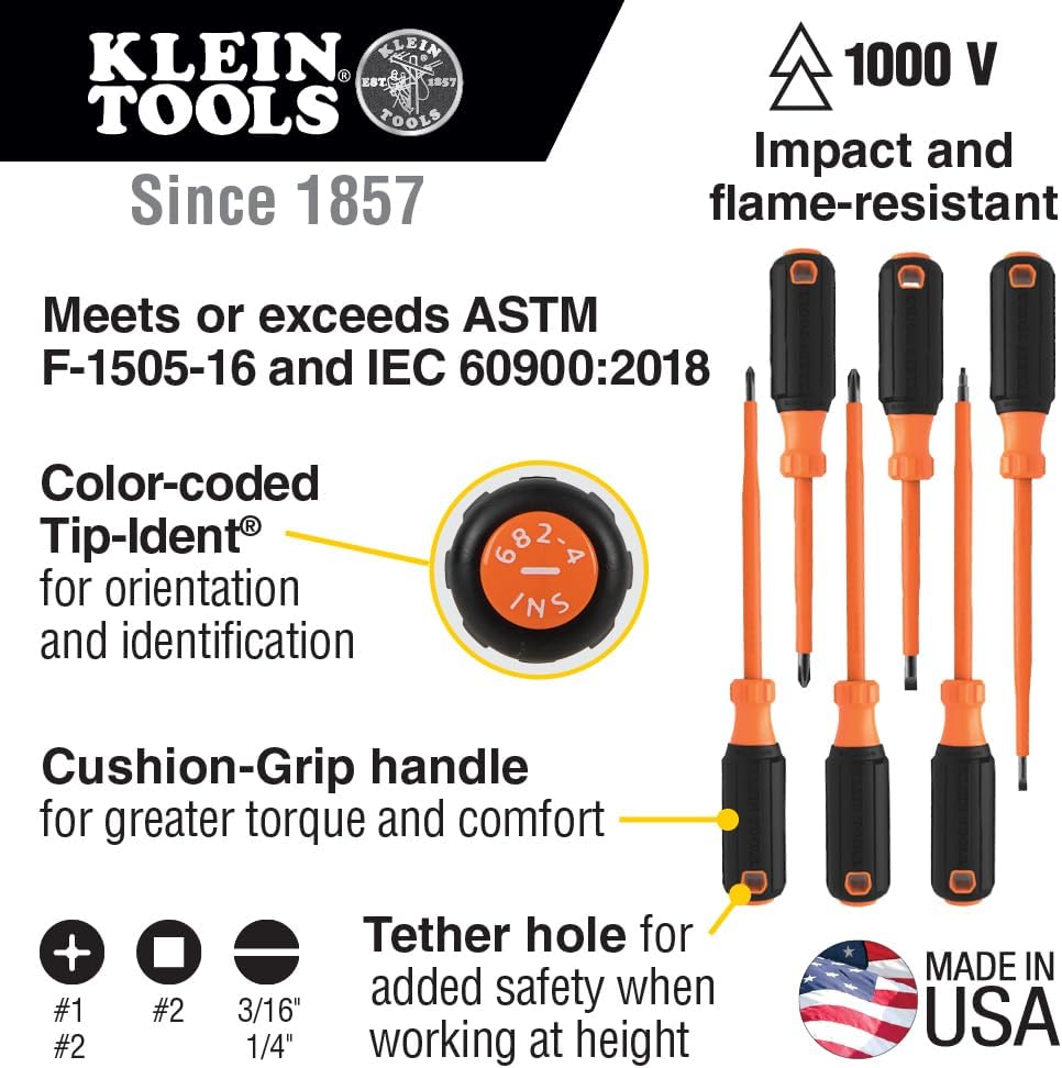 Alternative view of Klein Tools 85076INS Insulated Screwdriver Set, Made in USA, features 1000V Electricial Screwdrivers, (3) Phillips and (2) Slotted and Square Tips, 6-Piece