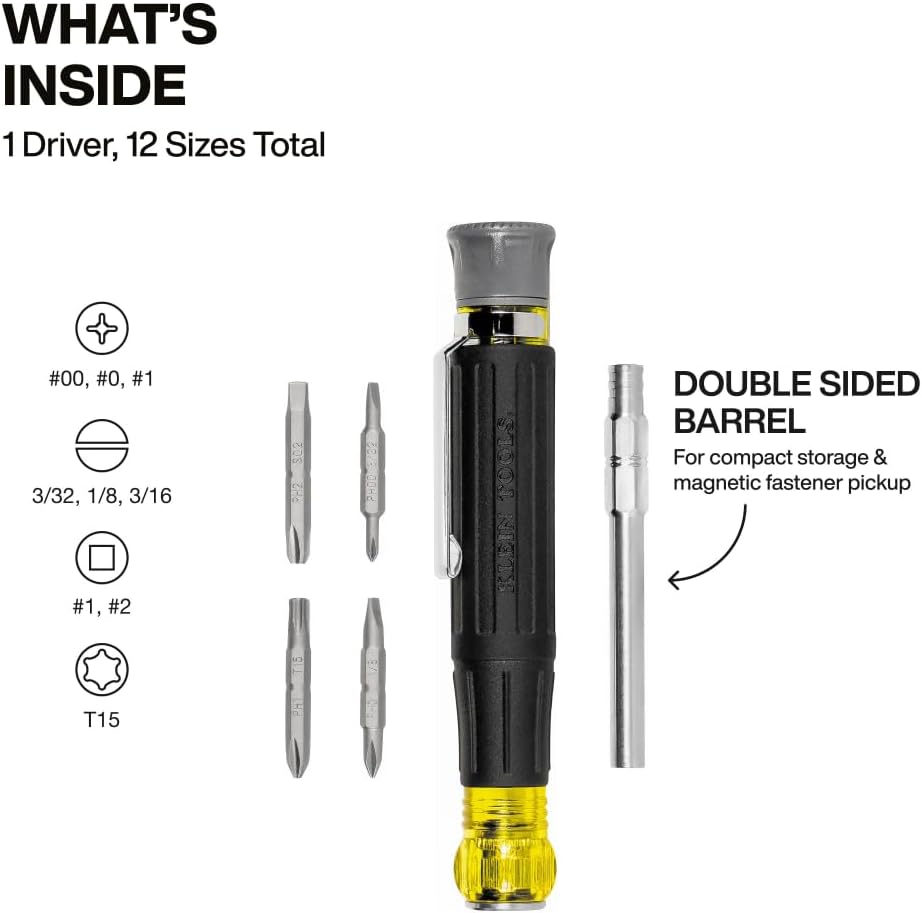 Klein Tools 32600P Mini Precision Screwdriver with Pocket Clip, 13-in-1 Magnetic All-Purpose Driver with Nut Drivers, Phillips, Slotted, and TORX Tips