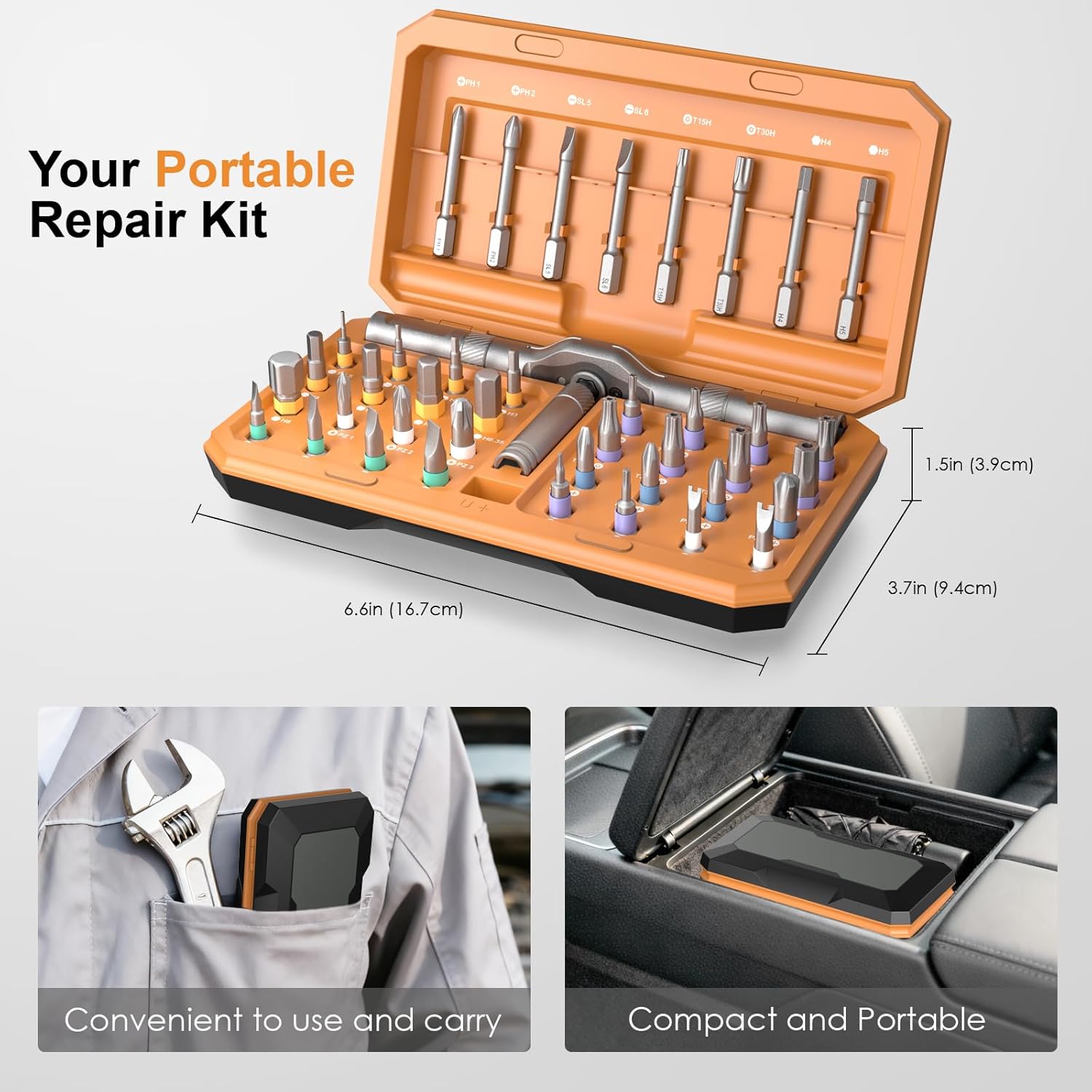 VEYSMOU 42-in-1 Magnetic Ratchet Screwdriver Set with Detachable T-Handle & Case, Multi-Bit Precision Driver Kit for Electronics, PC, Bicycle, Furniture Repair, Eyeglass, and DIY Gifts （Orange）