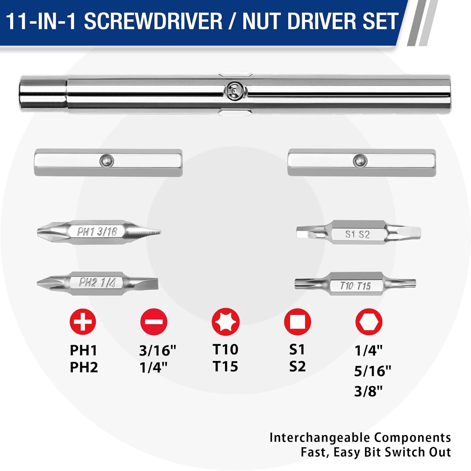 Alternative view of WORKPRO 11-in-1 Screwdriver/Nut Driver Set Tool Comfort Grip, All in One Multi-bit, Portable Screw-driver, 8 Bits (Philips/Slotted/Torx/Square), 3 Nut Driver Sizes