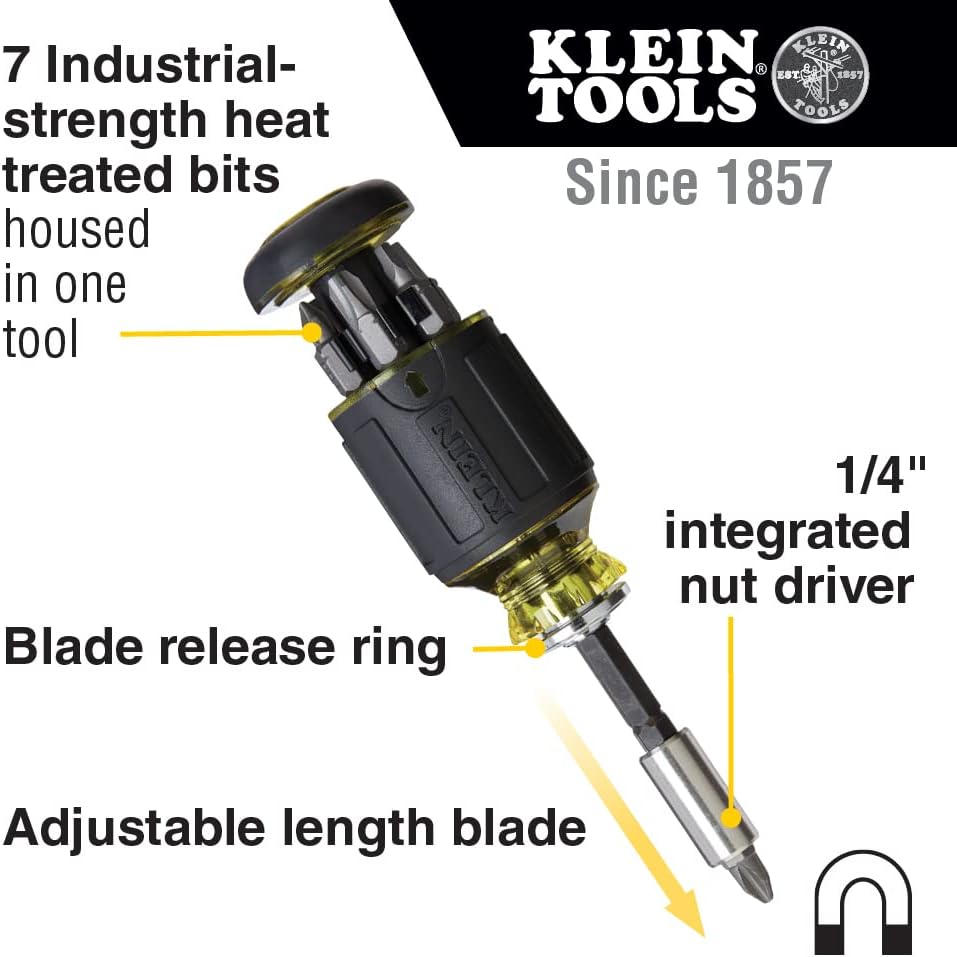Alternative view of Klein Tools 32308 Multi-bit Stubby Screwdriver, Impact Rated 8-in-1 Adjustable Magnetic Tool with Phillips, Slotted, Square and Nut Driver