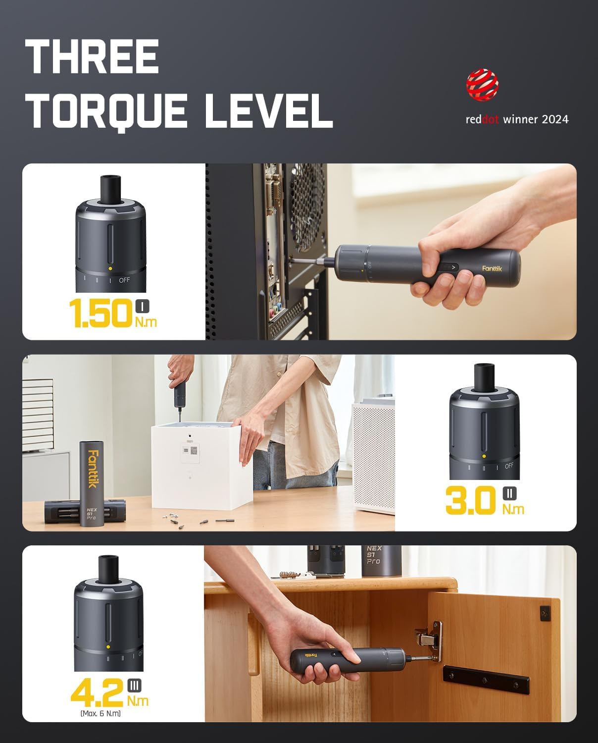 Alternative view of Fanttik S1 Pro Electric Screwdriver, Power Screwdriver with16 S2 Steel Bits, 3 Torque Settings, Max 6 N.m, 2000mAh Battery, LED Light & 1/4''Hex, Ideal Tool for Furniture & Gaming PC