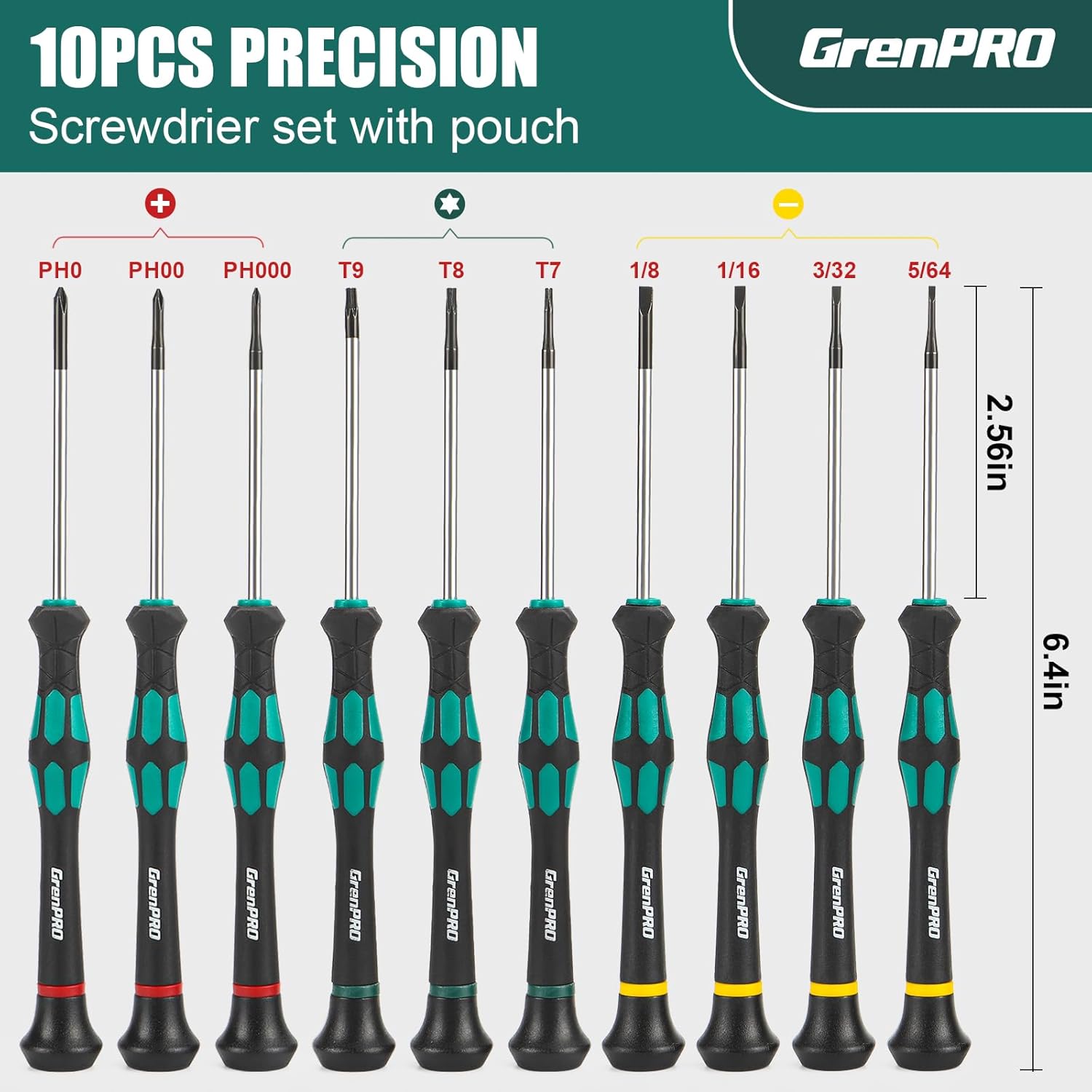 GRENPRO 10-Piece Precision Screwdriver Set, Magnetic Small Screwdrivers with Phillips, Slotted, Torx Star for Eyeglass, Watch, Computer, Laptop, Phone,Green