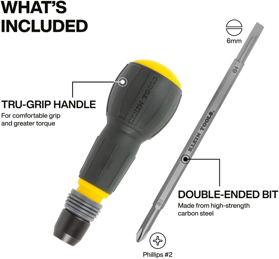 Klein Tools 32960A Fastbit Tru-Grip Screwdriver, Ball-Style Handle with Quick-Release Collar, #2 Phillips and 6 mm Slotted Double-Ended Bit, 1/4-Inch Bit Compatible