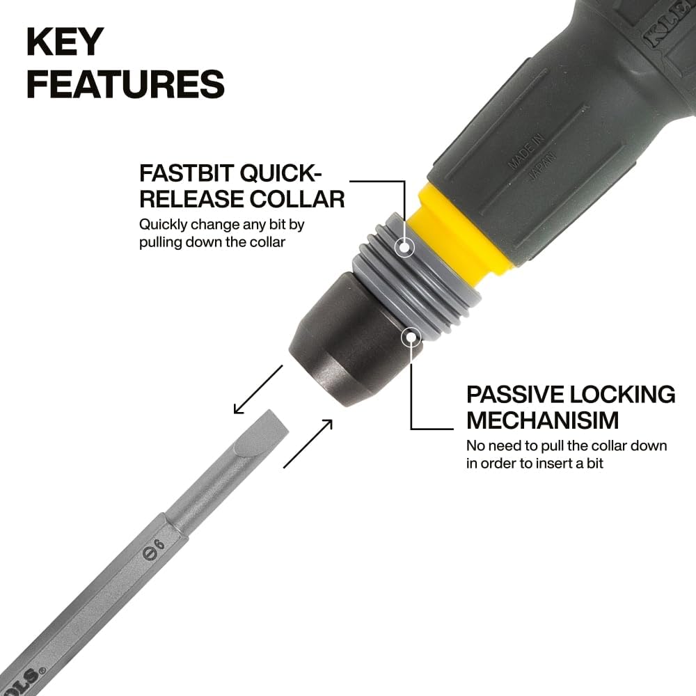 Alternative view of Klein Tools 32960A Fastbit Tru-Grip Screwdriver, Ball-Style Handle with Quick-Release Collar, #2 Phillips and 6 mm Slotted Double-Ended Bit, 1/4-Inch Bit Compatible