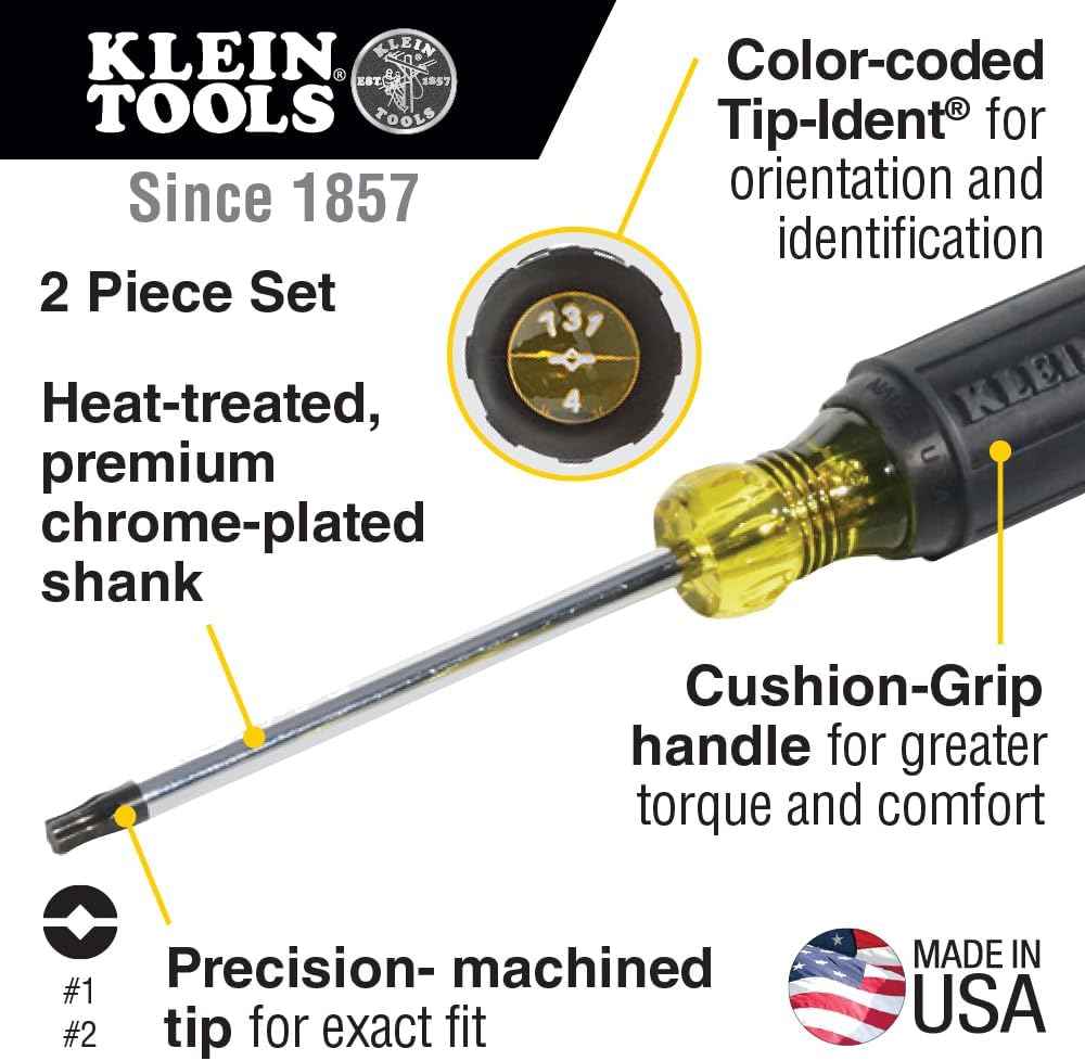 Alternative view of Klein Tools 32378 Combination Tip Screwdriver Set, Made in USA, with #1 and #2 Combination Tips and Cushion-Grip Handles, 2-Piece