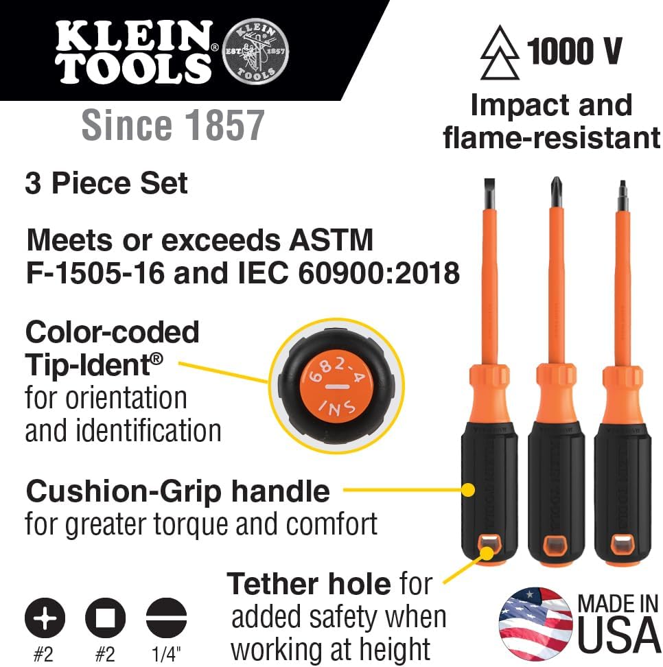 Alternative view of Klein Tools 85073INS Insulated Screwdriver Set, Made in USA, features 1000V Phillips, Slotted and Square Tips, Cushion Grip Handles, 3-Piece