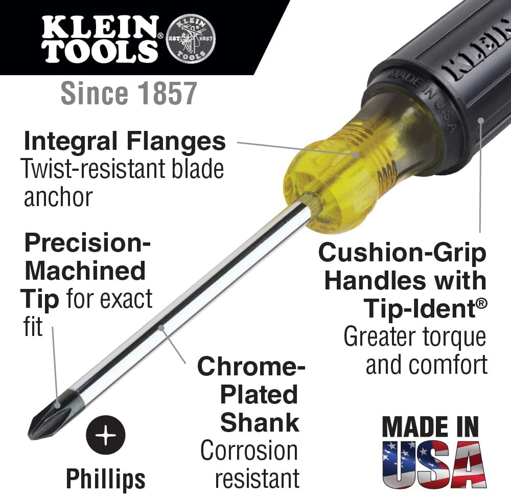 Klein Tools 85072 2-Piece Screwdriver Se, Made in USA, with Long Blade Slotted and Phillips Screwdrivers, Heat Treated Shafts and Cushioned Grips