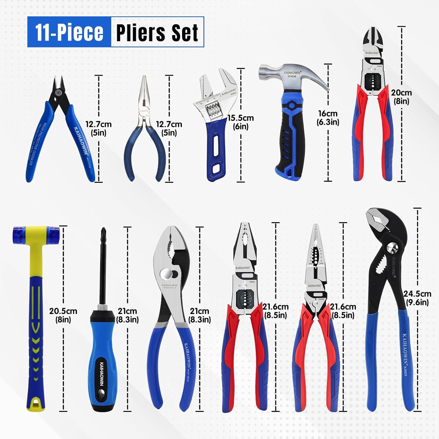 KAIHAOWIN 11-Piece Home Tool Kit with Carry Case - CR-V Steel Pliers Set, Wrench, Hammer, Screwdriver & Wire Cutter for DIY Repair, Automotive, Plumbing & Household Maintenance