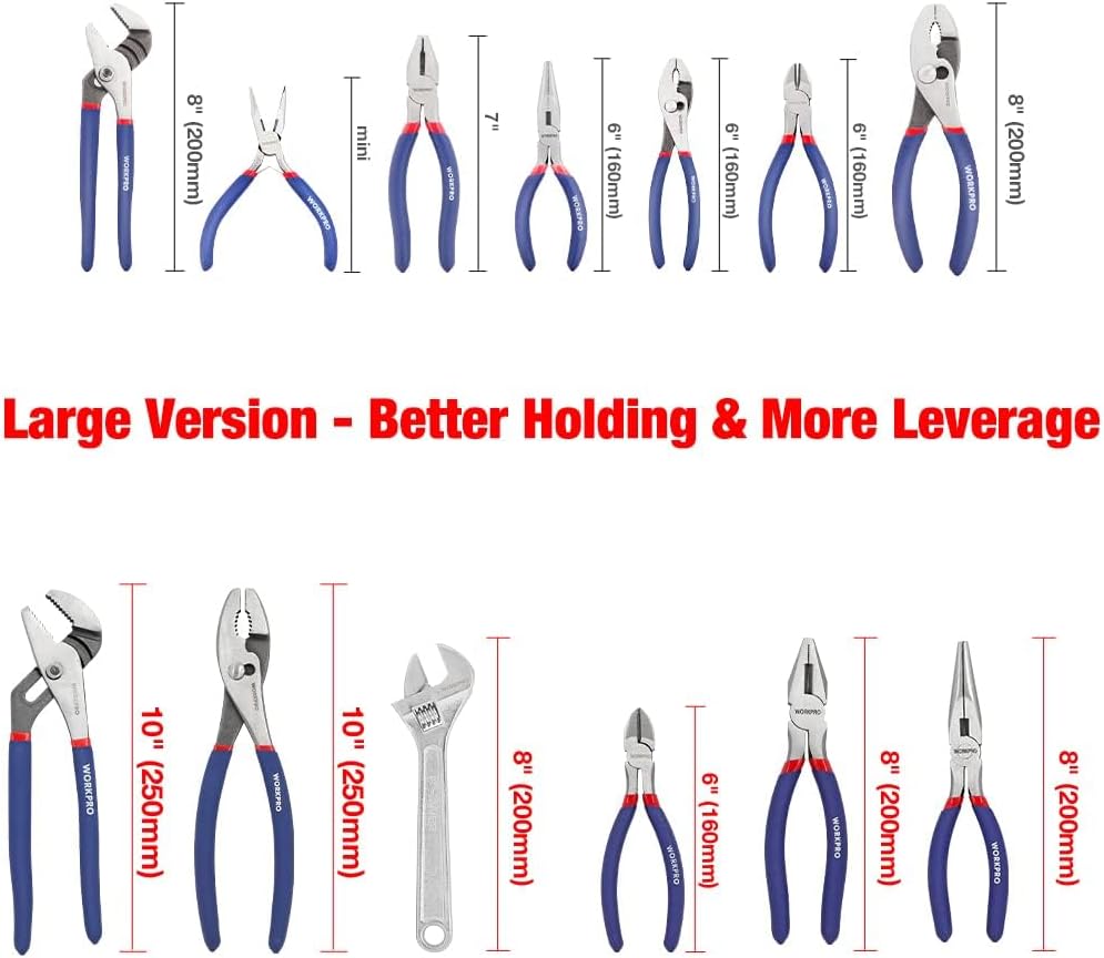 Alternative view of WORKPRO Large Pliers & Wrench Set 6-Piece (10" Water Pump, 10" Slip Joint, 8" Long Nose, 8" Linesman, 6" Diagonal, 8" Adjustable Wrench) for DIY & Home Use, W001329A