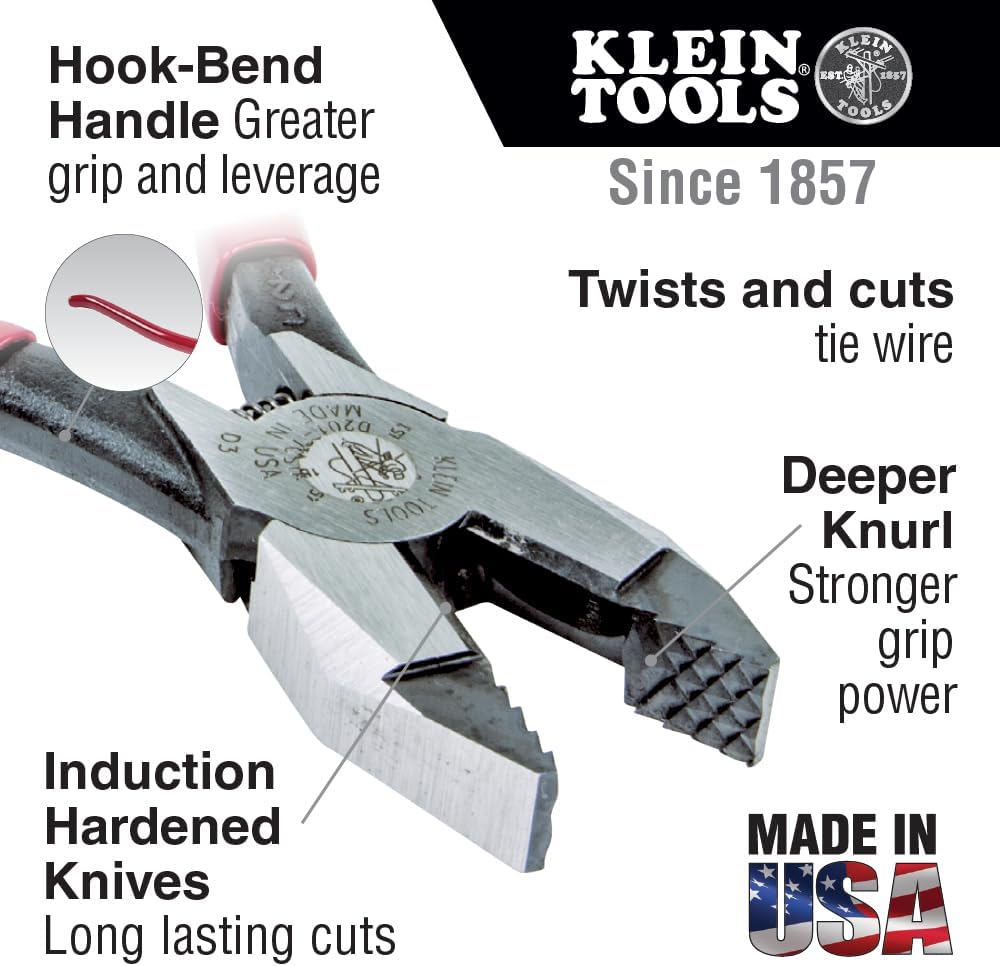 Klein Tools D201-7CSTA Linesman Pliers, Side Cutters with Spring Loaded Action, Ironworker Pliers have Aggressive Knurl and Tempered Handles