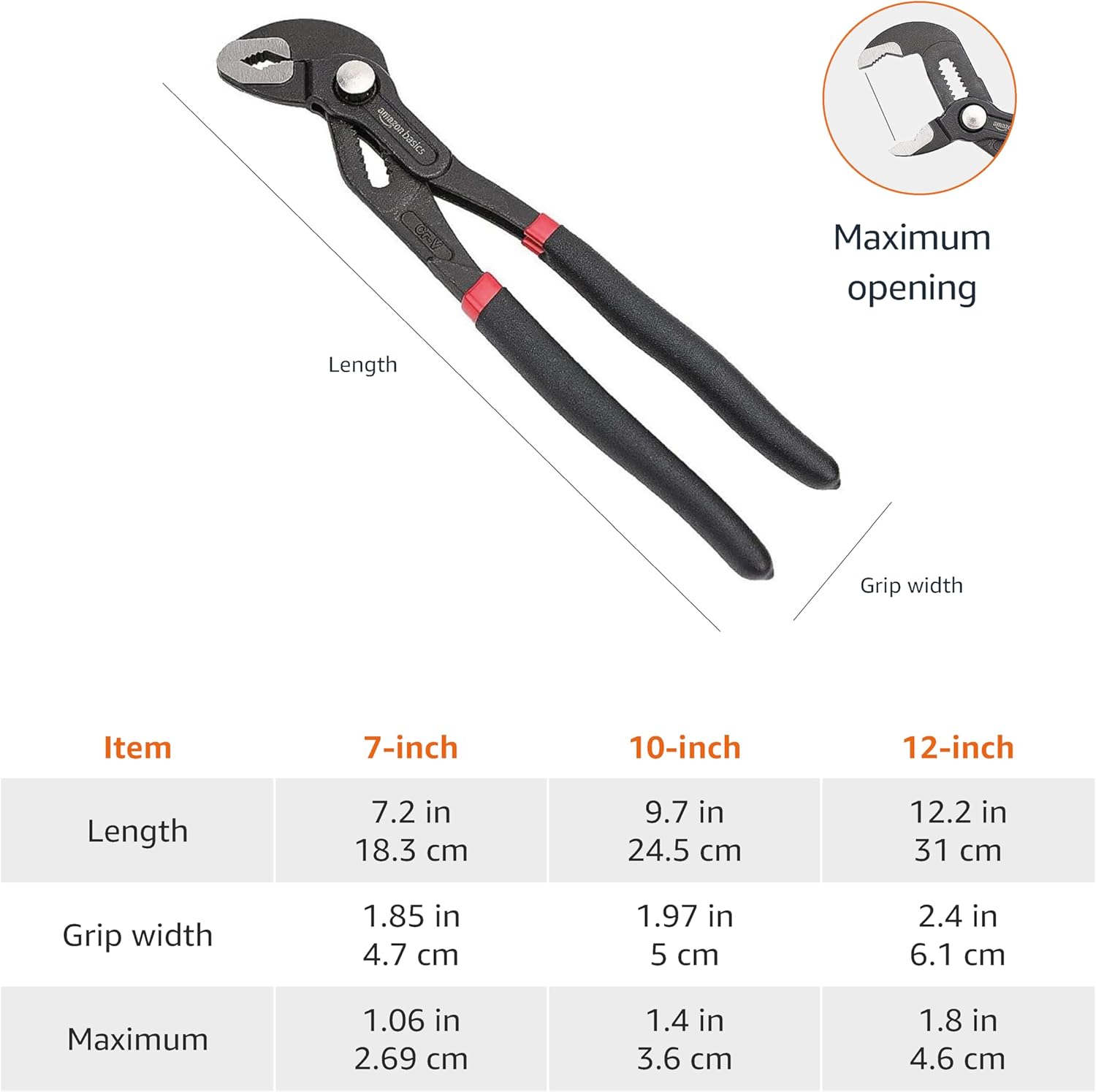 Amazon Basics 3-Piece Quick Release Groove Joint Pliers Set, Drop Forged Chrome Vanadium Steel, Includes 7-inch,10-inch, and 12-inch, Black