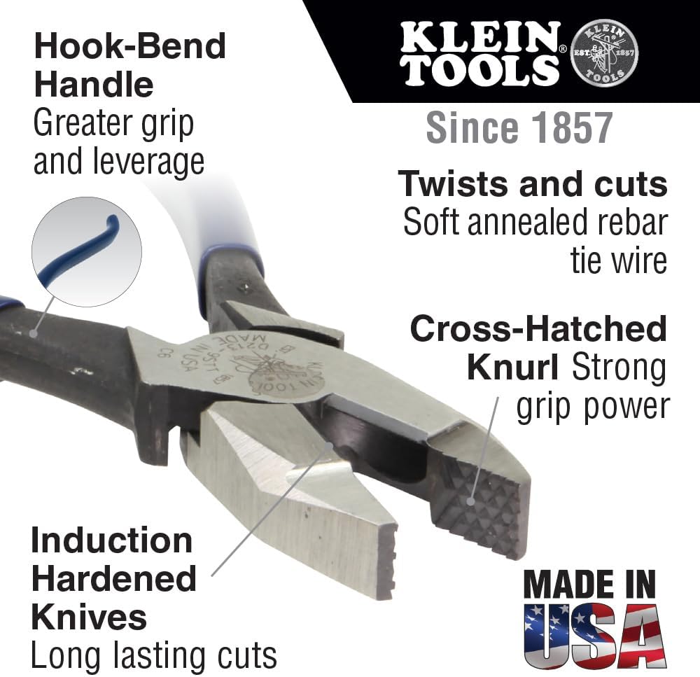 Alternative view of Klein Tools D213-9ST High-Leverage Ironworker's Pliers, Made in USA, Twist and Cut Soft Annealed Tie Wire, Hook Bend Handle, Spring Loaded, Heavy-Duty Jaws
