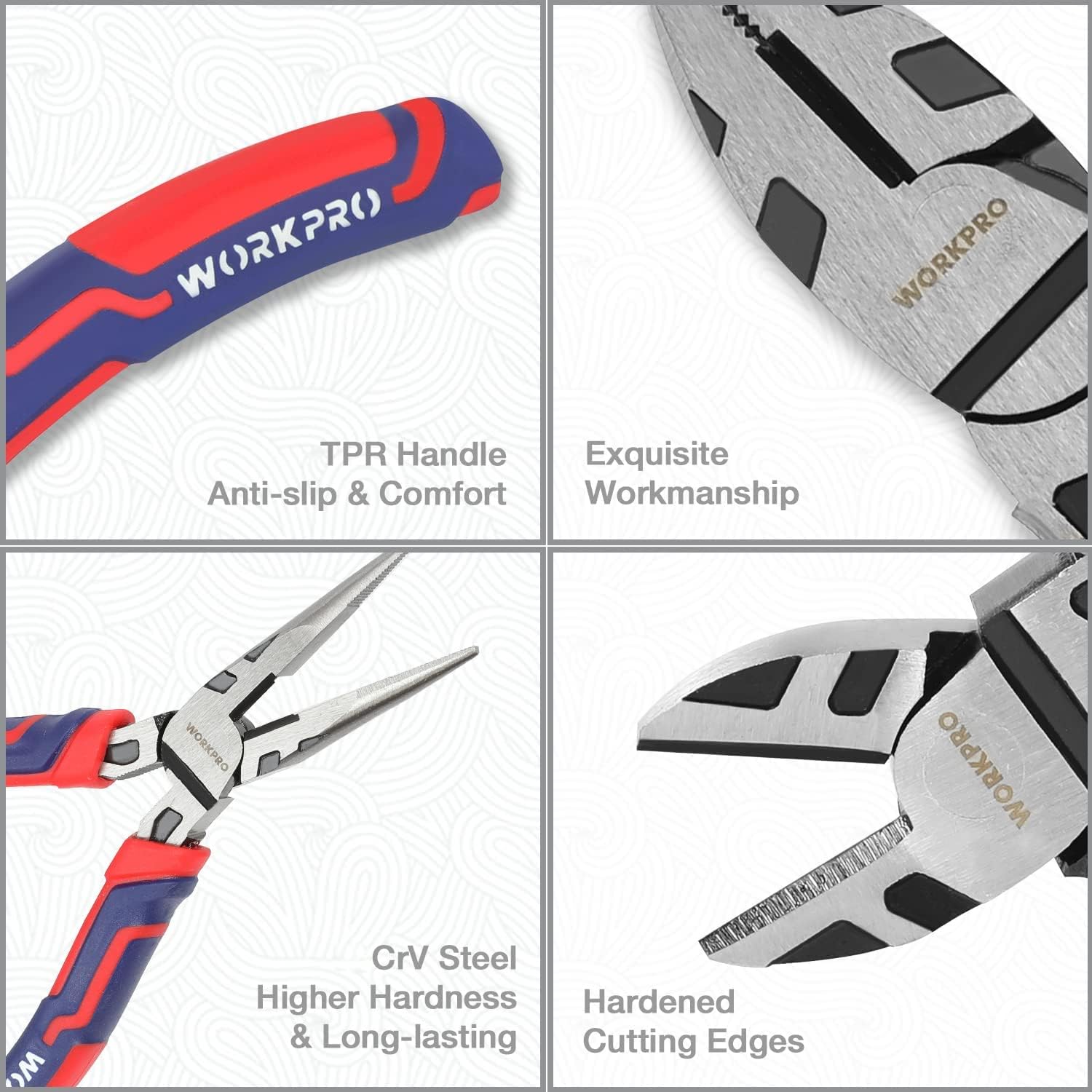 Alternative view of WORKPRO Pliers Set, Premium Cr-V Construction, Includes 6 Inch Slip Joint, Long Nose, Diagonal Cutting, 8 Inch Groove Joint, 7 Inch Linesman and Storage Pouch, for Basic Repair