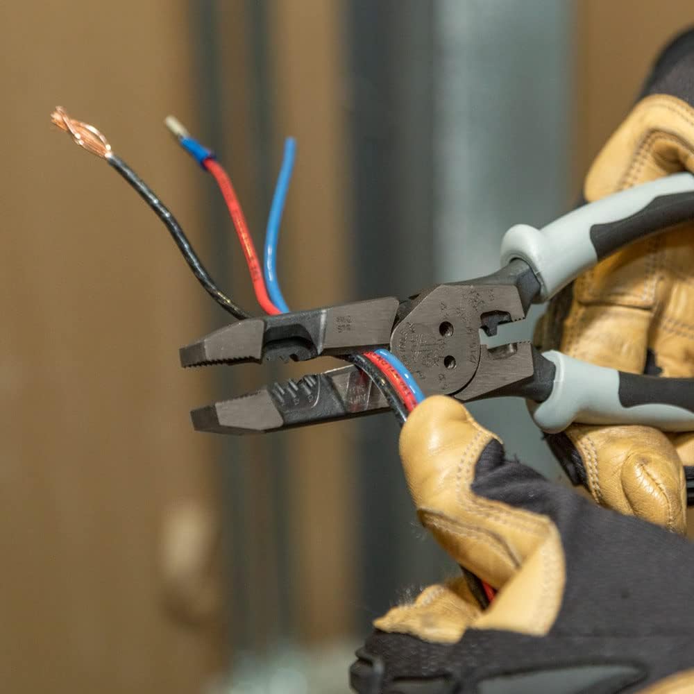 Klein Tools J2159CRTP Side Cutting Pliers, Made in USA, 9-Inch Journeyman High Leverage Hybrid Pliers with Crimper, Fish Tape Puller and Wire Stripper