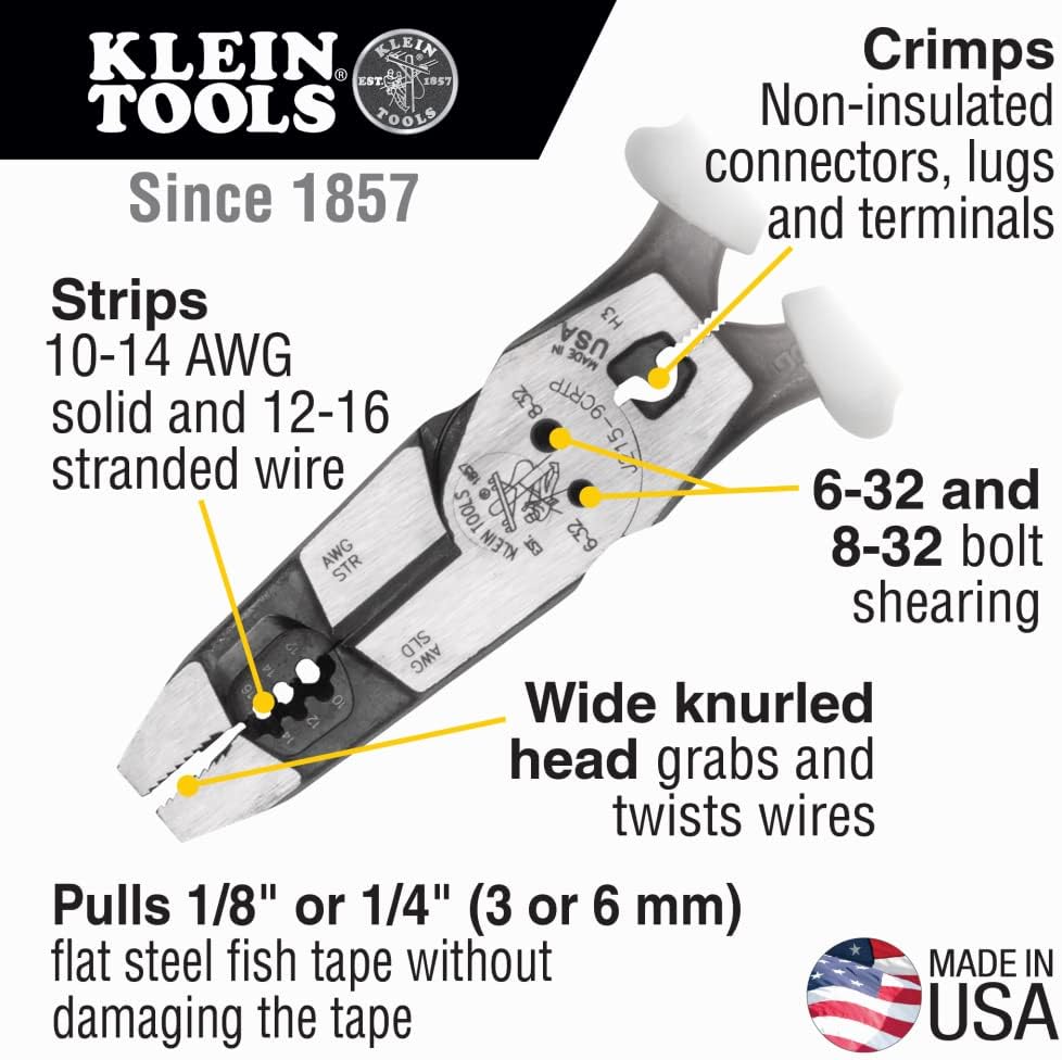 Alternative view of Klein Tools J2159CRTP Side Cutting Pliers, Made in USA, 9-Inch Journeyman High Leverage Hybrid Pliers with Crimper, Fish Tape Puller and Wire Stripper