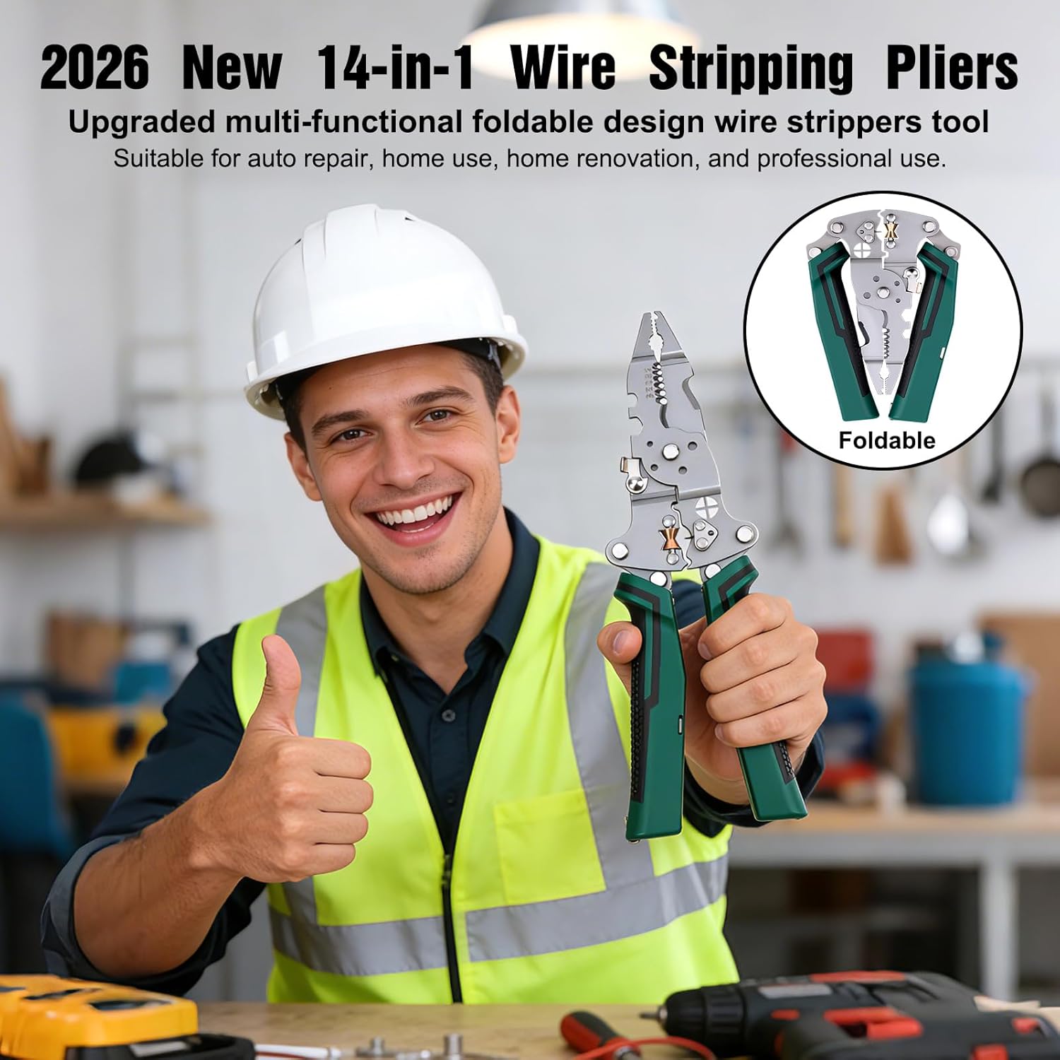 Multi-Function Foldable Wire Stripper with Voltage Tester, 8 in 1 Wire Stripper with Voltage Tester,Professional Foldable Multi-Tool Pliers for Electricians, Strip, Cut, Crimp, Split, Wrap