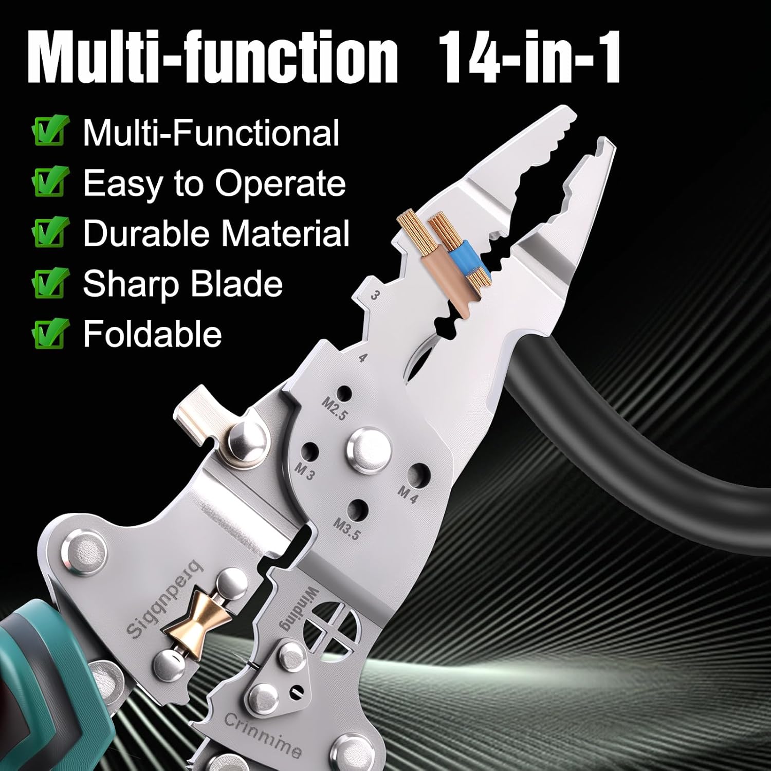 Alternative view of Multi-Function Foldable Wire Stripper with Voltage Tester, 8 in 1 Wire Stripper with Voltage Tester,Professional Foldable Multi-Tool Pliers for Electricians, Strip, Cut, Crimp, Split, Wrap