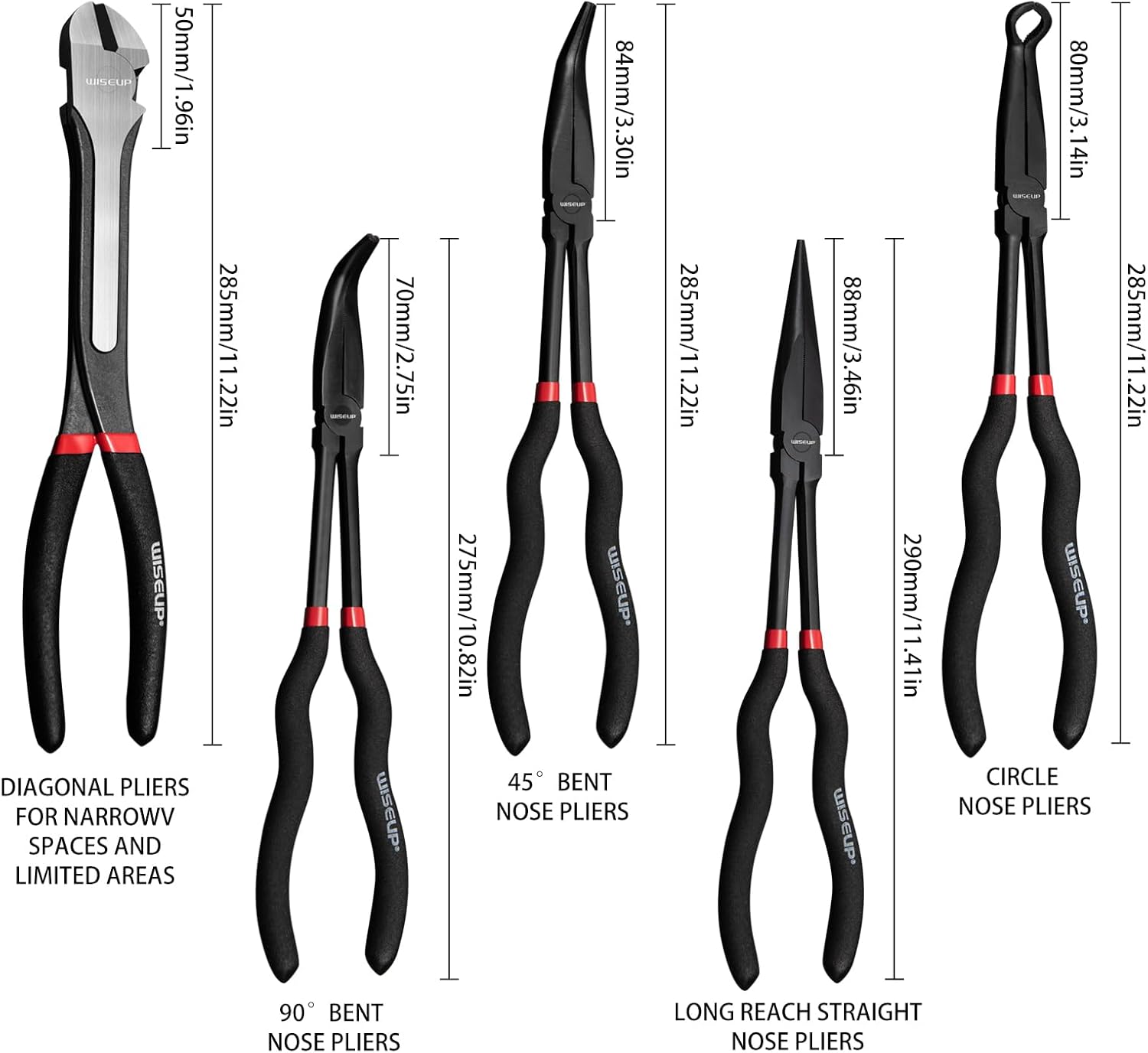 Alternative view of WISEUP 5Pcs Long Needle Nose Pliers Set ，Premium Carbon Steel，11" Long Reach Straight ，45° Bent Nose ，90° Bent Nose Plier，Diagonal Pliers for Narrow Spaces
