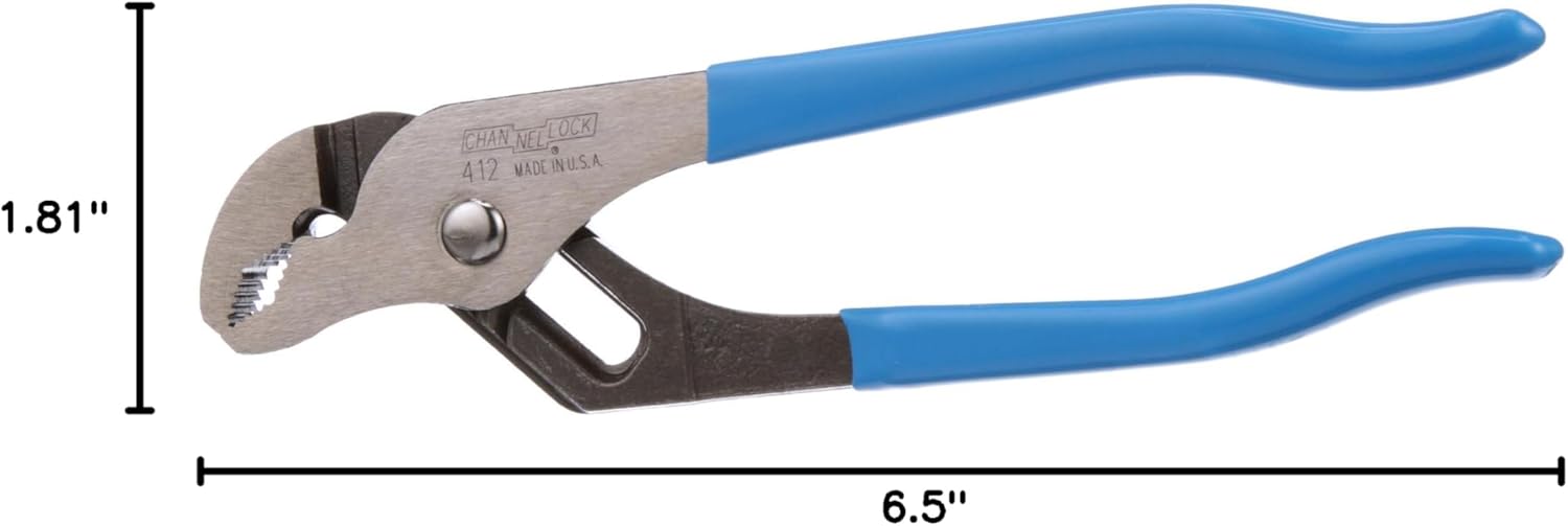 CHANNELLOCK 412 6.5-inch V-Jaw Tongue & Groove Pliers, Made in USA, 0.94-inch Jaw Capacity, Forged High Carbon Steel, More Points of Contact on Round Stock