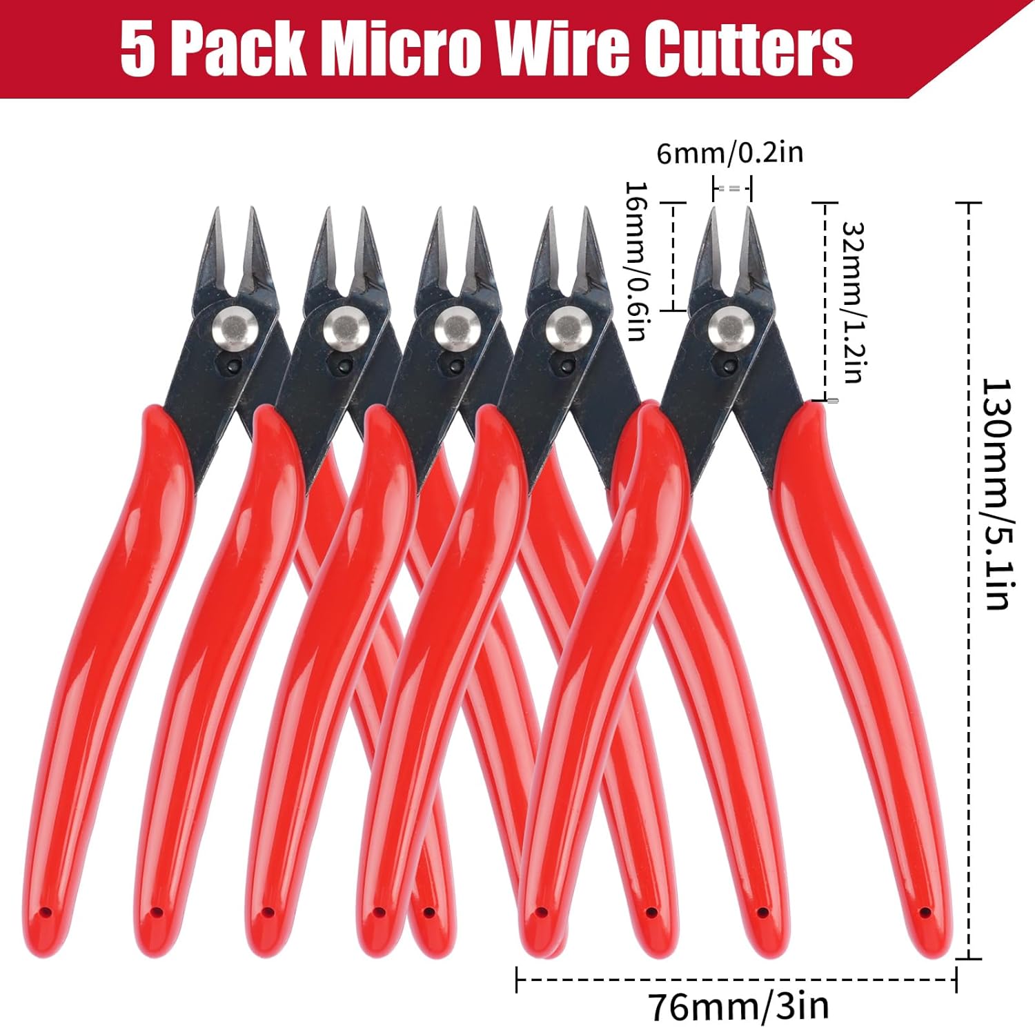 5 Pack Micro Wire Cutters, 5 Inches Flush Cutters Pliers, Diagonal Side Cutters Nippers, Zip Tie Sprue Cutter for Electronics, Plastic Models, Jewelry (Red)
