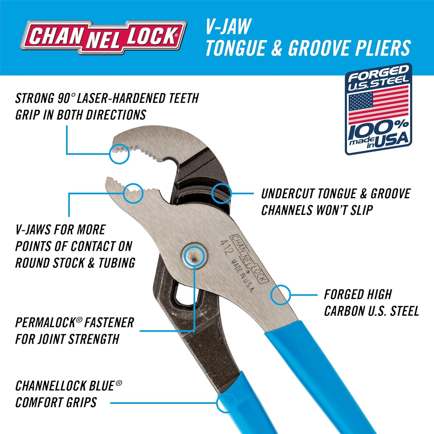 Alternative view of CHANNELLOCK 412 6.5-inch V-Jaw Tongue & Groove Pliers, Made in USA, 0.94-inch Jaw Capacity, Forged High Carbon Steel, More Points of Contact on Round Stock