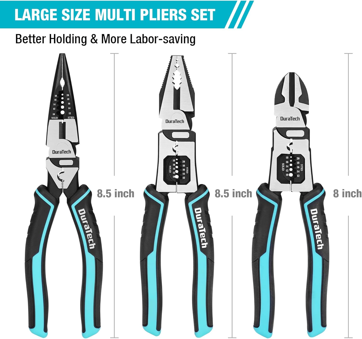 DURATECH 3PCS Pliers Set, Large 6 in 1 Multifunctional Wire Stripper Crimper Cutter, 8.5" Long Nose Pliers, 8.5" Linesman Pliers, 8" Diagonal Side Cutting