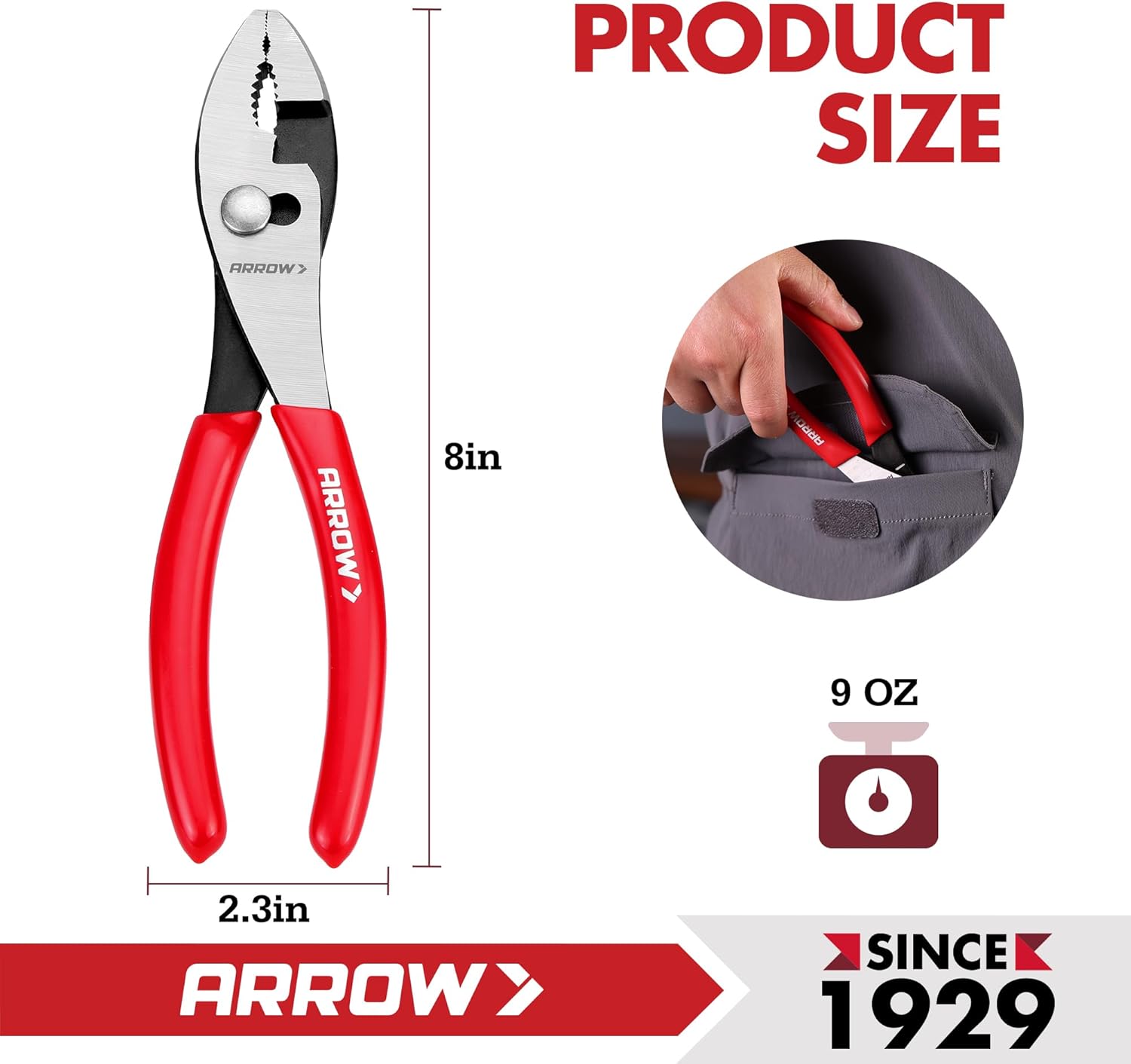 ARROW 8" Slip Joint Pliers, Pliers Tool with Thick Dip-Grip Handle, Strong Grip Jaws, High Carbon Steel, Pliers for Gripping, Loosening Nuts and Bolts, Cutting Steel Wire