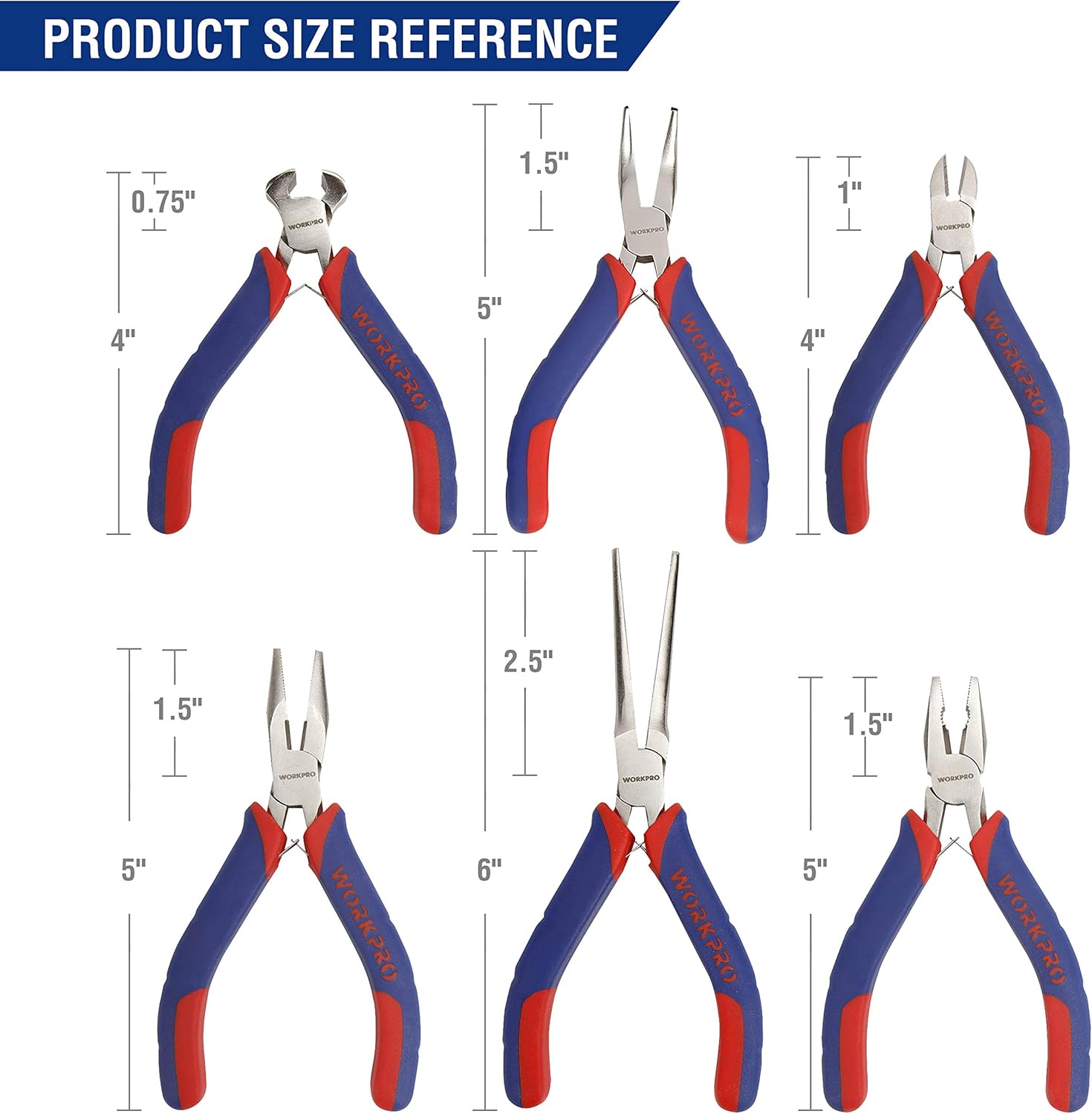 WORKPRO 6-piece Mini Pliers Set - Needle Nose, Diagonal, Long Nose, Bent Nose, End Cutting and Linesman, for Making Crafts, Repairing Electronic Devices, with Pouch